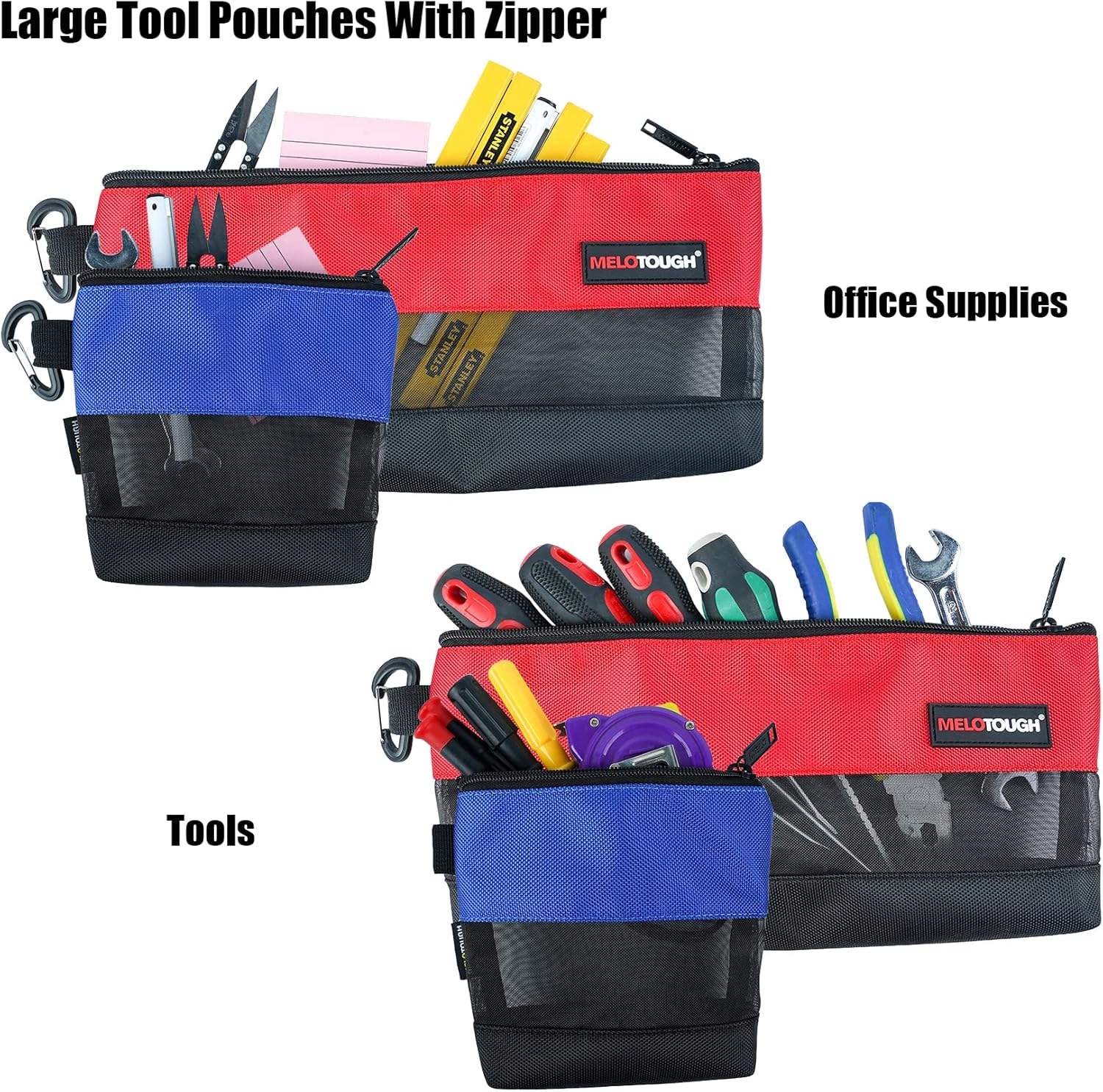 MELOTOUGH 2 Pack Zipper Utility Tool Bag，Small Zipper Bags/Multi-Purpose Tool Pouch Tote Bags Storage Organizer with Mesh Window for Screwdrivers,Pliers,Nut Drivers