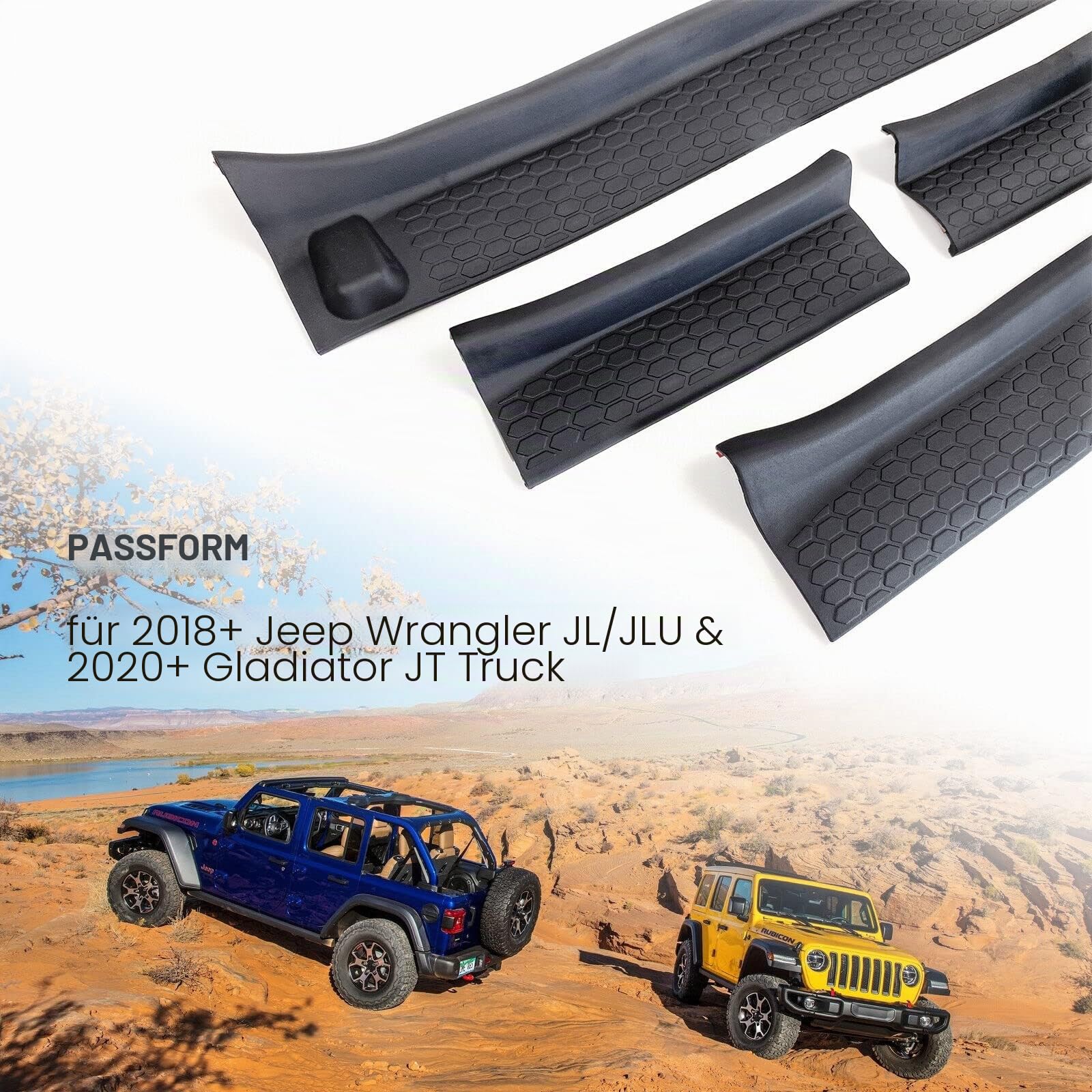 Türschwellenschutz-Set, Türeinstiegsschutz, Schwarze Einstiegsleistenabdeckung, passend für Jeep Wrangler JL JLU 2018–2024, 4-türig und Jeep Gladiator JT, 4-türig