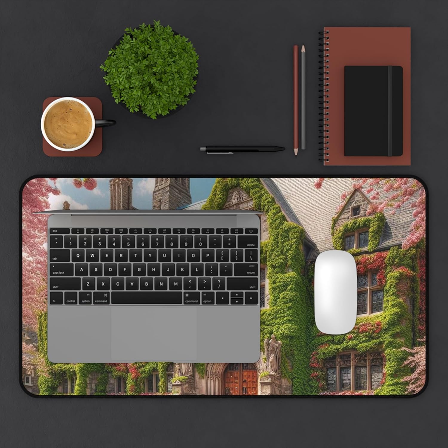 Ivy-Covered Stone Colleges in Spring Bloom Desk Mat - Vibrant Eco-Friendly Office Accessory Made in The USA