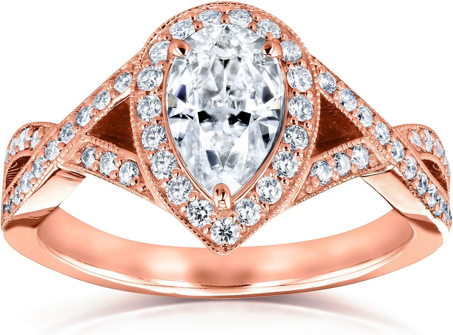 Kobelli Pear Moissanite Halo Crossover Engagement Ring 1 1/3 CTW 14k Rose Gold (DEF/VS, GH/I)