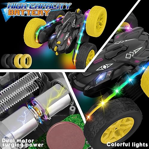 Miniatura 8 de Auto a control remoto con tira de luz lateral y faros, doble cara giratoria de 360 vueltas, juguetes todo terreno de 2.4 Ghz para edades de 4 a 6