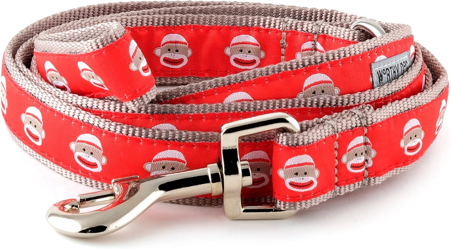 THE WORTHY DOG Stylish Sock Monkey Patterned Leash for Dogs, Solid Nickel Plated - Red, Large