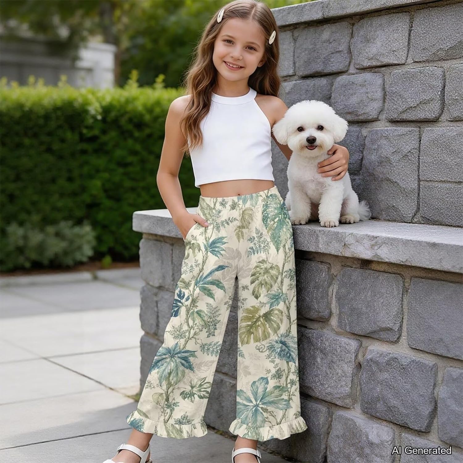Wanyint Girls Ruffled Pants Wide Leg Trousers Casual Pants with Pockets Long Trousers Y2K Summer Outfits for 5-14 Years