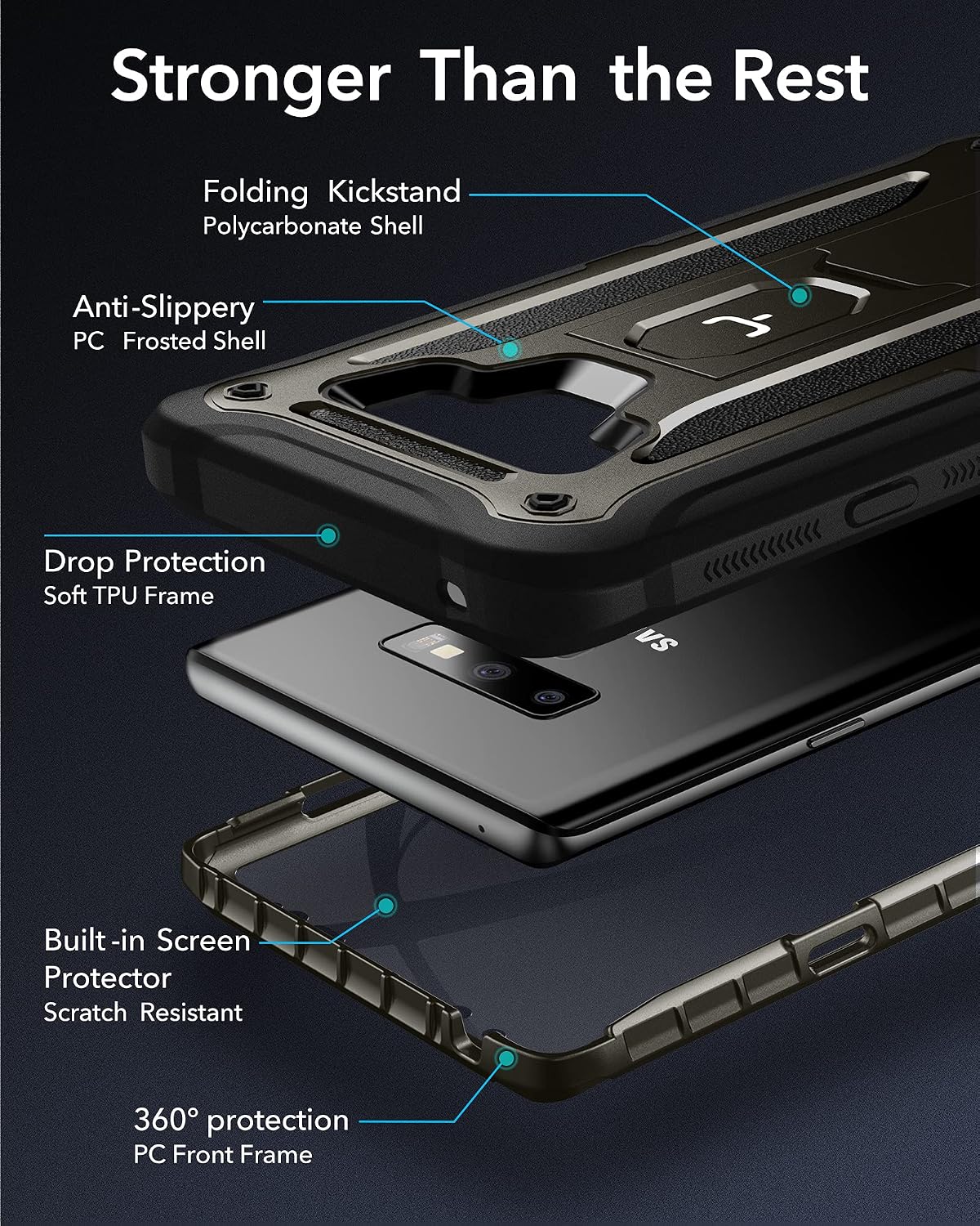 YOUMAKER Kickstand Case for Galaxy Note 9, Full Body with Built-in Screen Protector Heavy Duty Protection Shockproof Rugged Cover for Samsung Galaxy Note 9 6.4 Inch - Gun Metal/Black