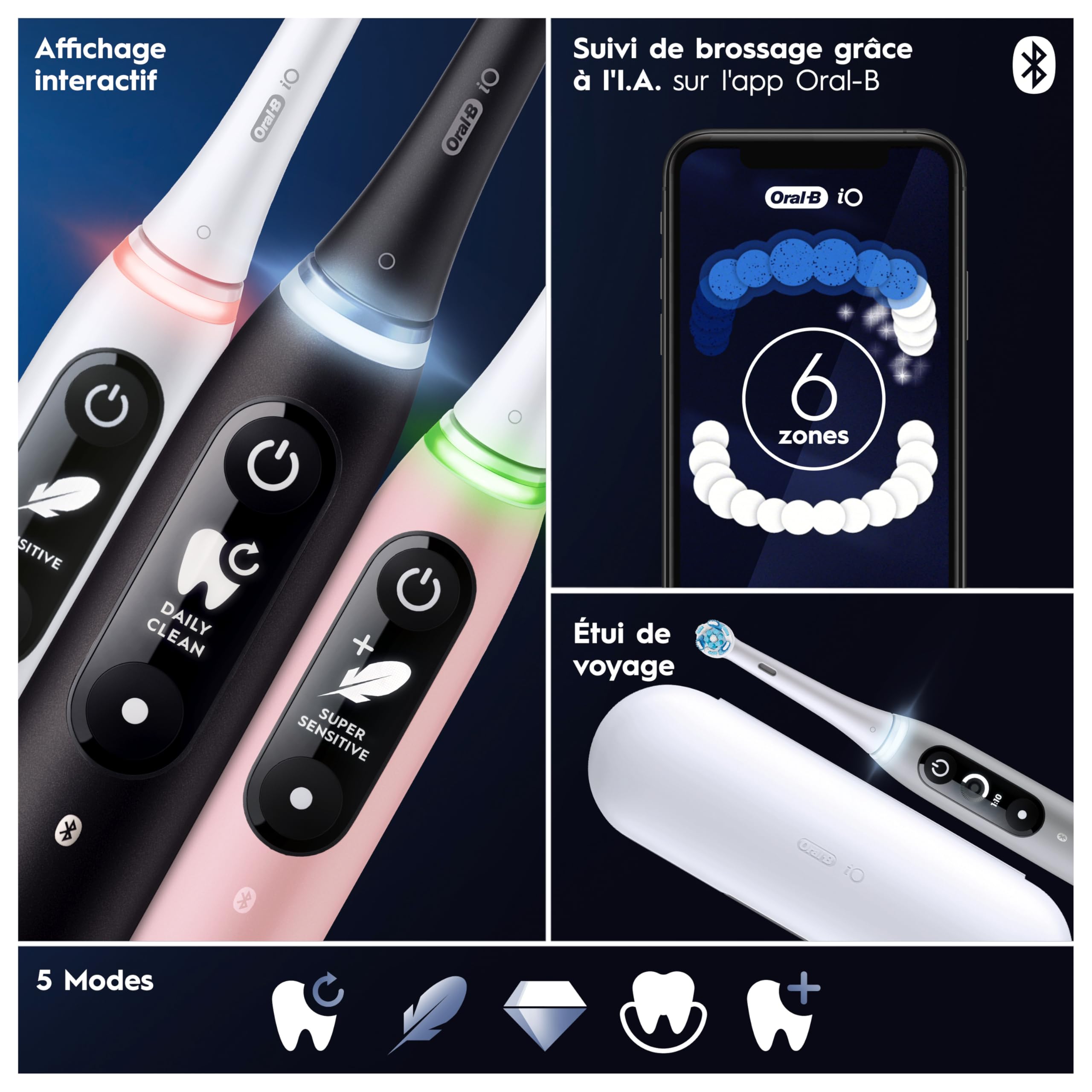 Oral-B iO 6 Duo Brosses A Dents Electrique Rose Et Blanche, 6 Modes De Nettoyage Avec Soin Des Gencives, Douceur, Blancheur, Conseils De Brossage, 3 Brossettes Oral B De Rechange, Chargeur