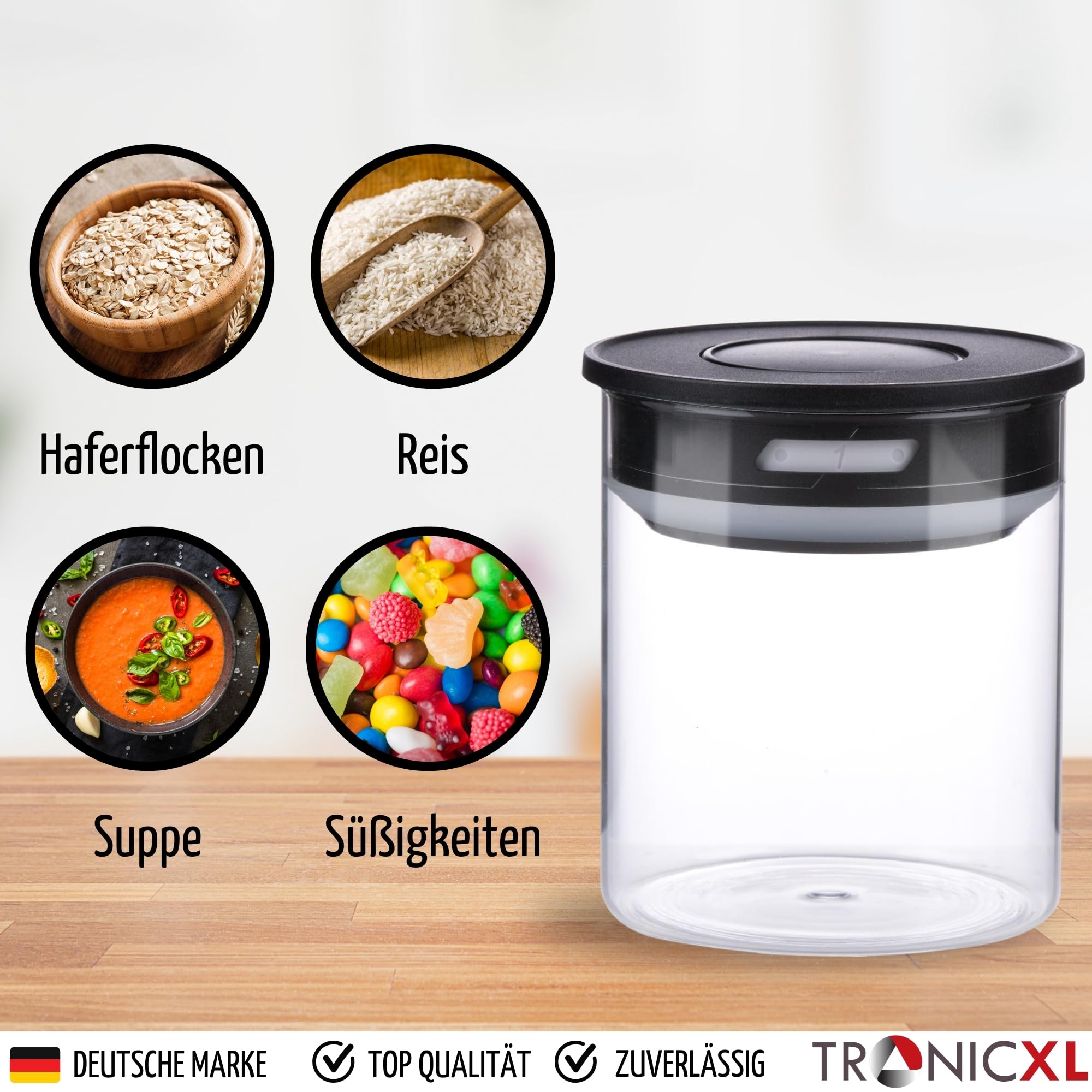 TronicXL Zestaw 2 słoików do przechowywania, 700 ml, próżniowe szkło borokrzemowe, 0,7 l, hermetyczne, szklane pojemniki z pokrywką z zamknięciem próżniowym, do kuchni, gospodarstwa domowego, żywności