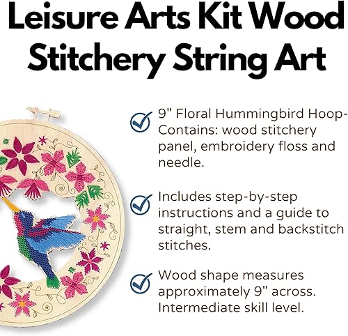 Miniatura 3 de Kit de arte de cuerda cosida de madera con colibrí floral en aro, manualidades para adultos o niños, kits de manualidades para adolescentes, kit de