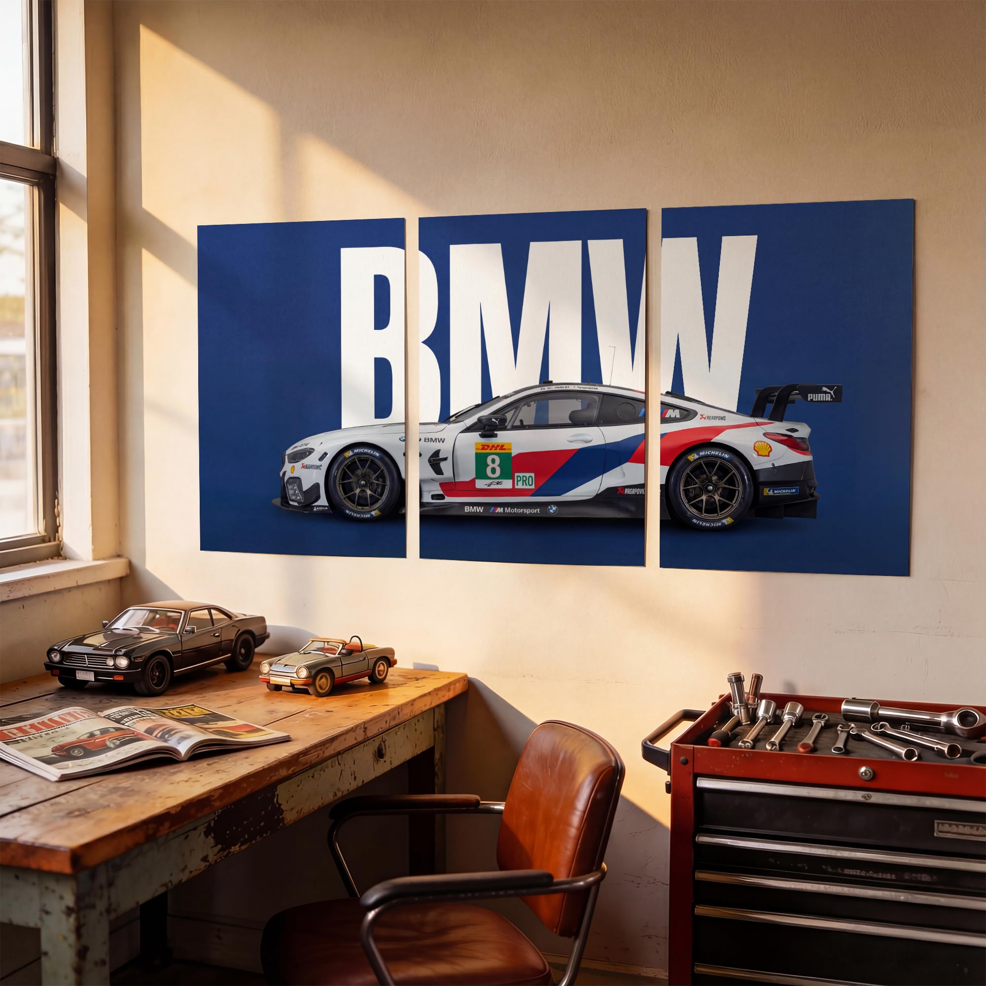 SoulAbiti 3-Piece Split Style Le Mans & GT Racing BMW M8 Wall Art Printed Posters - Large Endurance Motorsport Livery Triptych Posters - Garage, Study Room & Gaming Decor 1