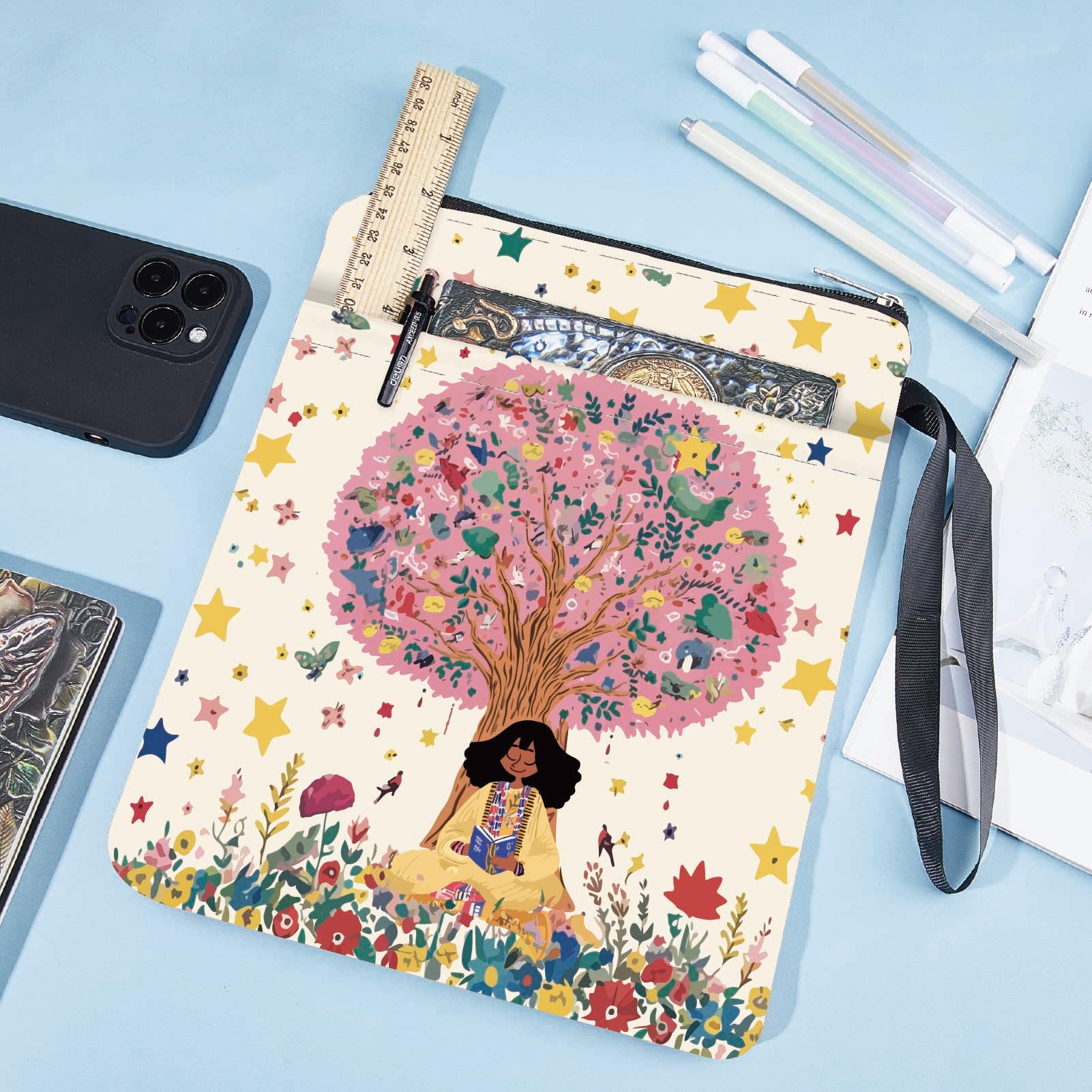 CRASPIRE Custodia per Libro con Albero Stelle Fiore Copertina in Tessuto Lavabile con Cerniera