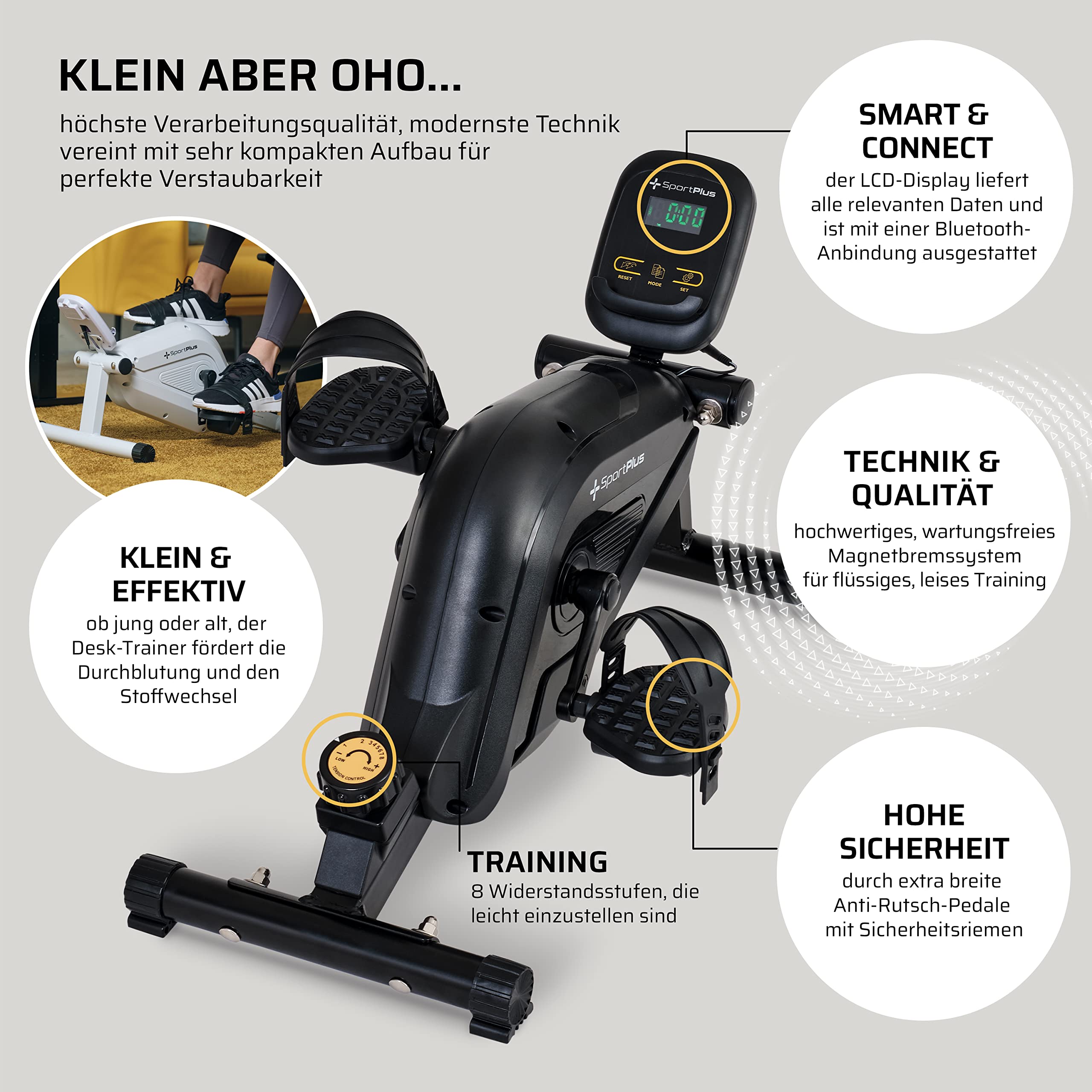 SportPlus Beintrainer für zuhause & Büro, Mini-Heimtrainer mit Magnet-Bremse & 8 Widerstands-Stufen, mit Trainingscomputer, extra breite Pedale, App kompatibel | Heimtrainer Fahrrad | Minibike