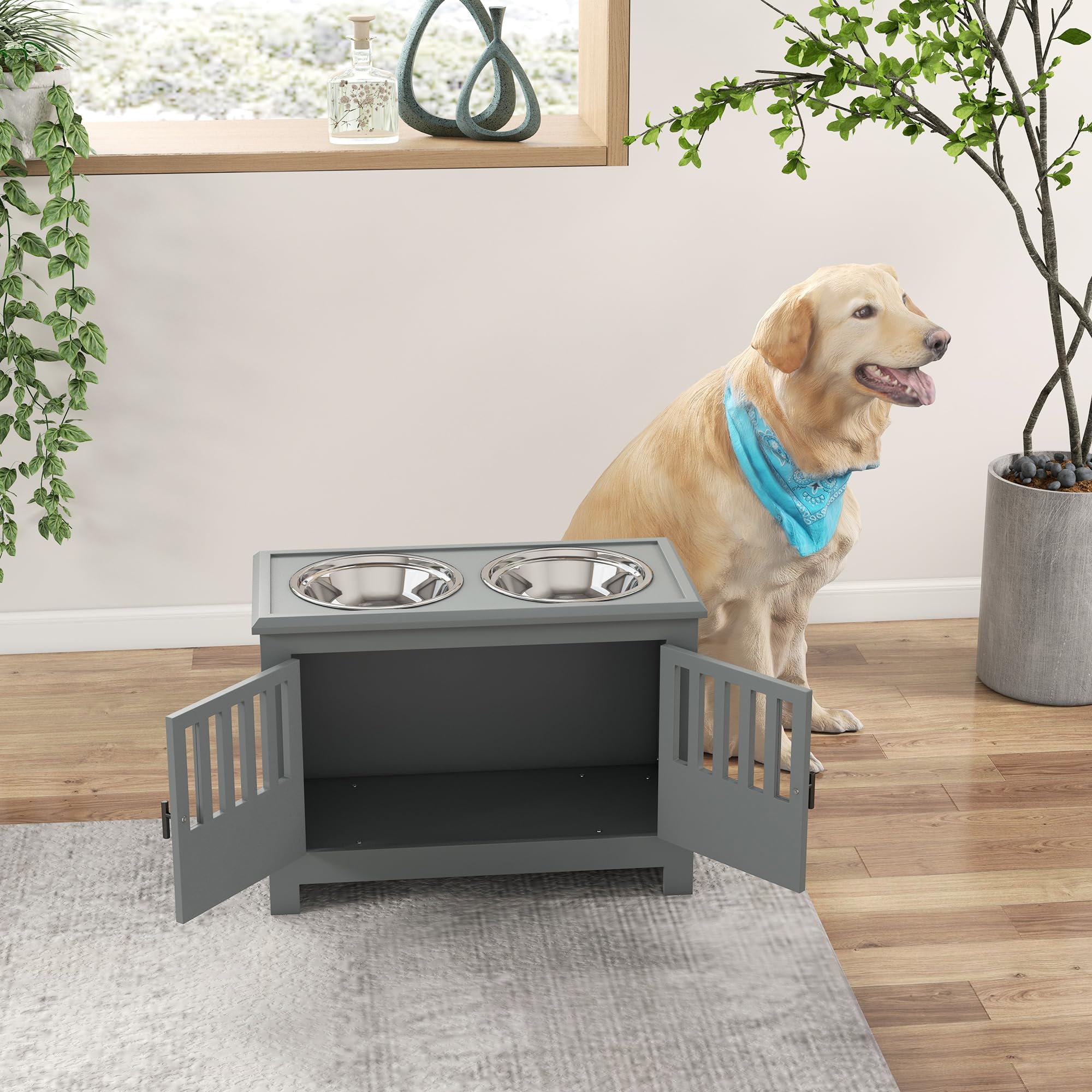 PawHut Erhöhter Hundenapf Futternapf mit Ständer Wassernapf 2 x 2L Edelstahlnäpfen Futterstation für extra große Hunde, Grau