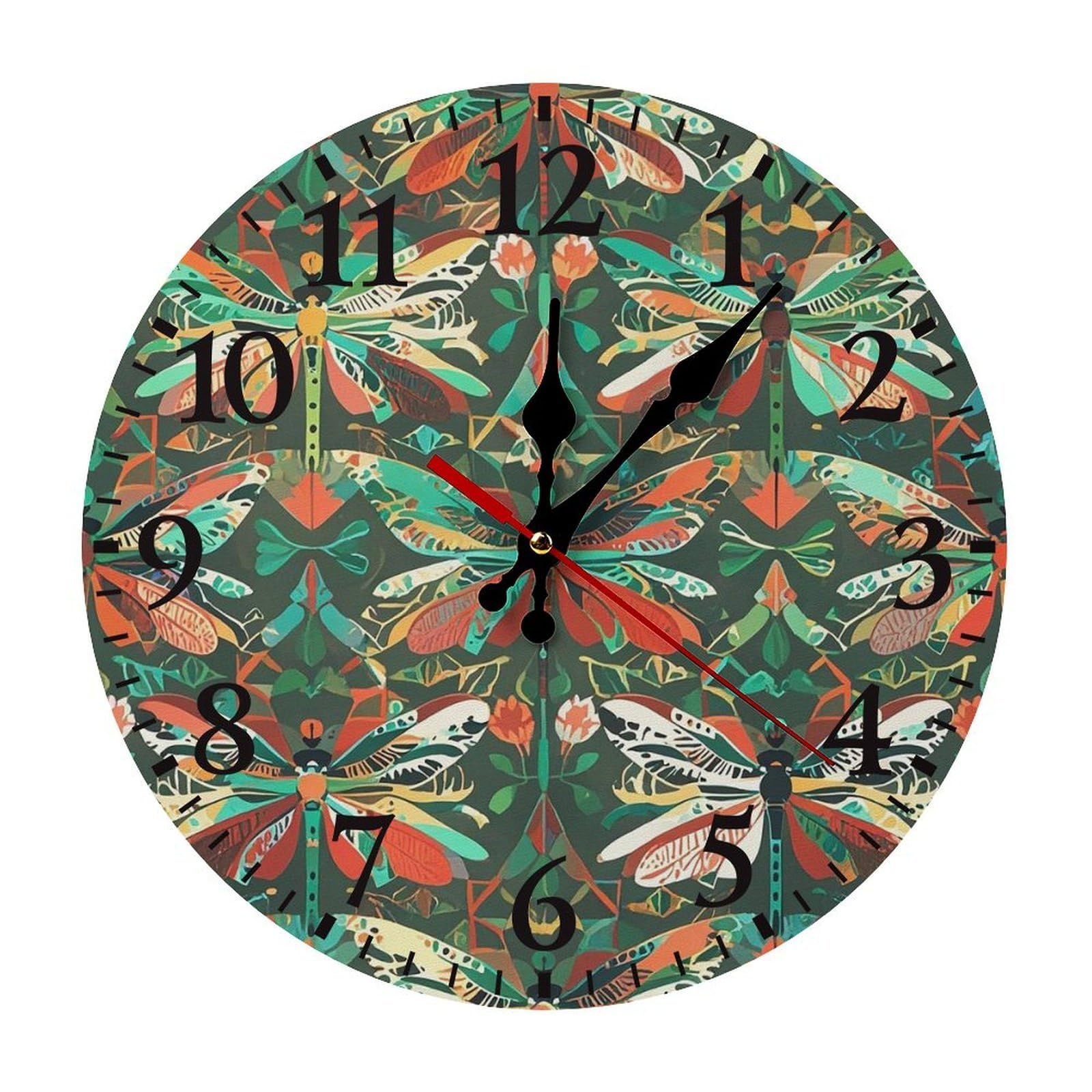 QMNLKH Dragonfly Wall Clock for Home, Battery Operated Clock for Hotel, Round Wall Clock with Arabic Numerals Black, Easy to Read, Non-Ticking Clocks for Living Room 30 * 30cm