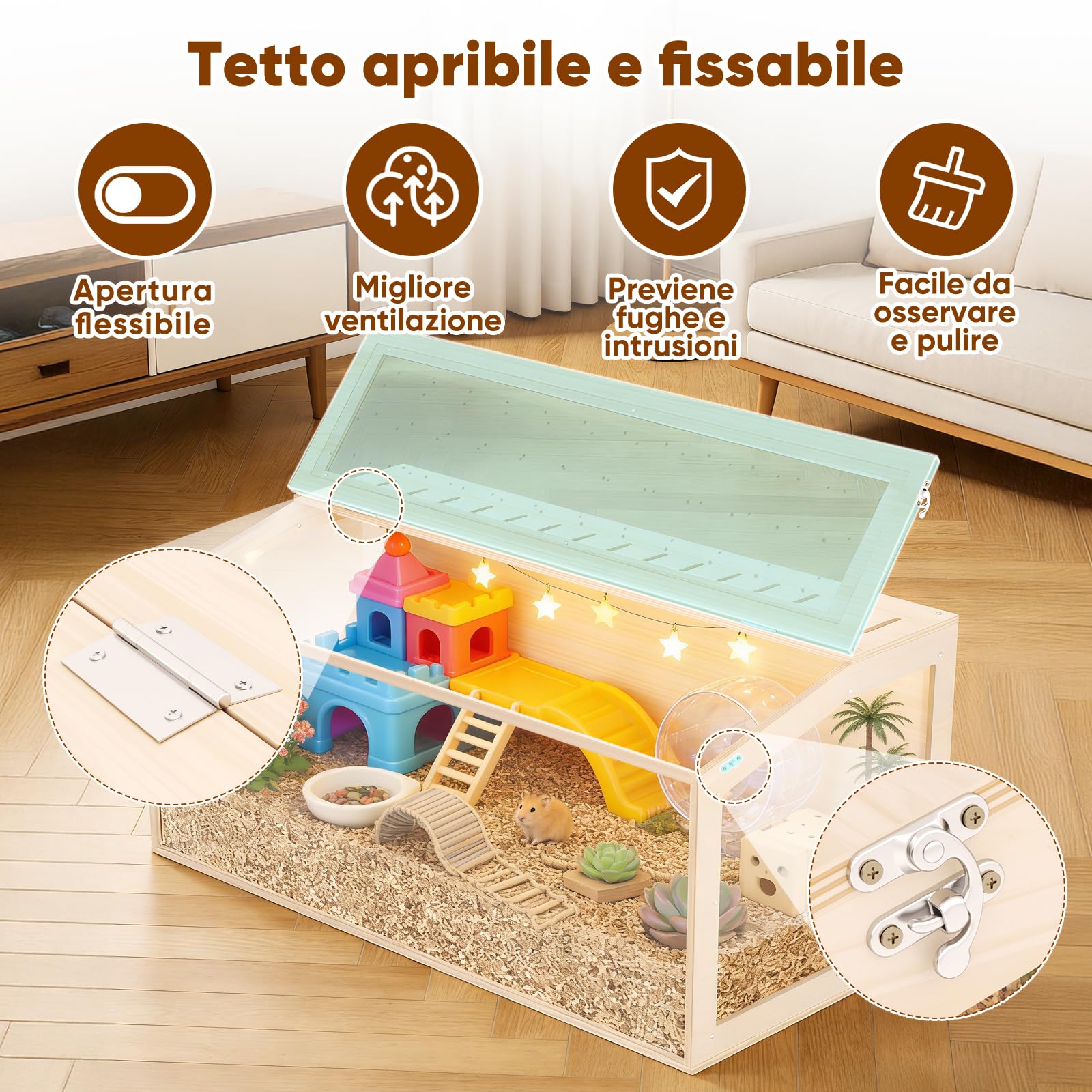 X XBEN Gabbia per Criceti in Legno, Tetto Apribile & Ventilazione Multipla | Vivarium Acrilico Spazioso, Cornice Legno Naturale per Criceti Nani, Roditori, Topi,Piccoli Animali 80L×40W×40H cm (0,128 m³)