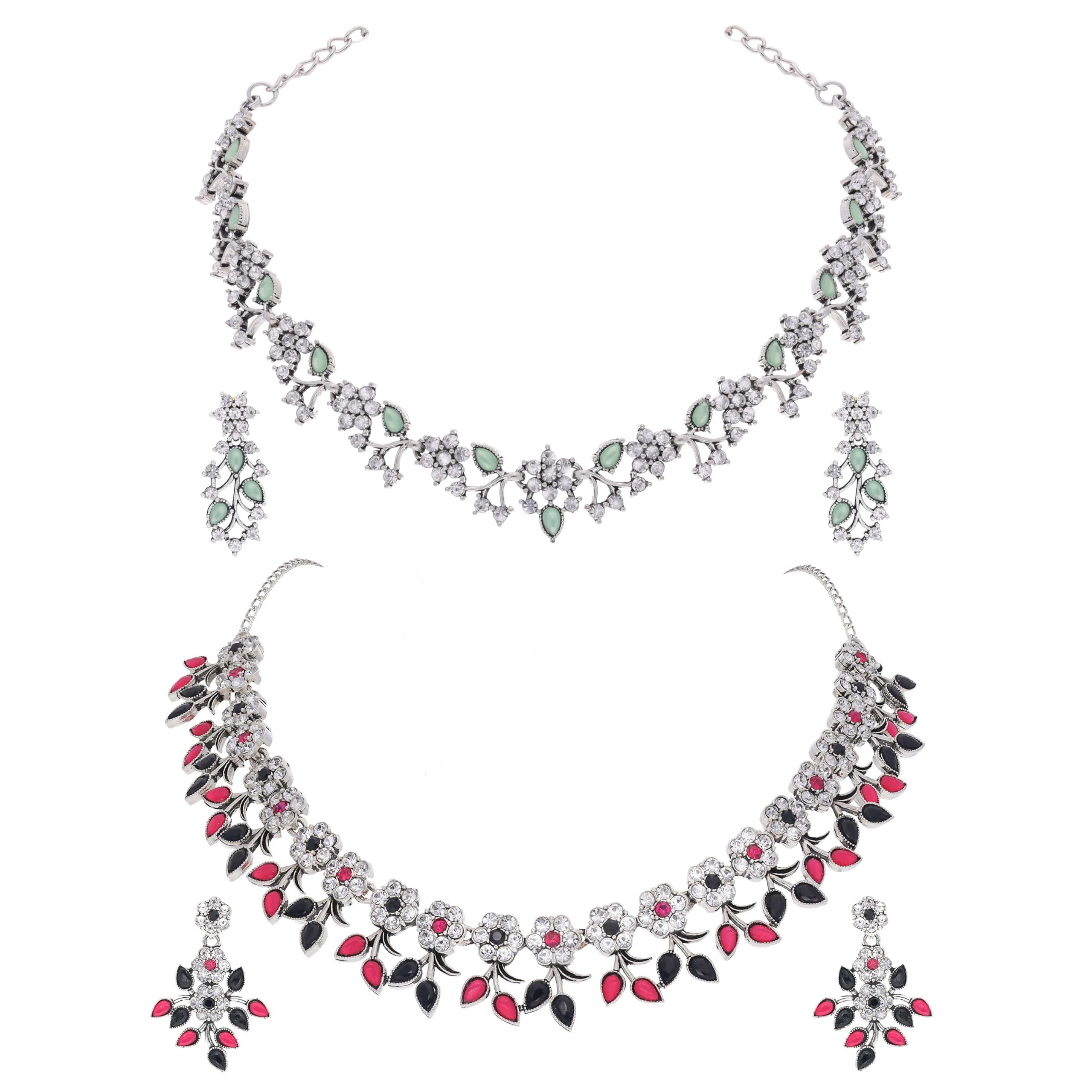 Brado Jewellery Stylish Design AD Stone Studded Silver Tone Jewellry Choker Necklace Combo Set With Matching Pair Of Earring For Women and Girls (Seagreen & Black&Pink) (B0D9JQQYKC) Amazon Price History, Amazon Price Tracker