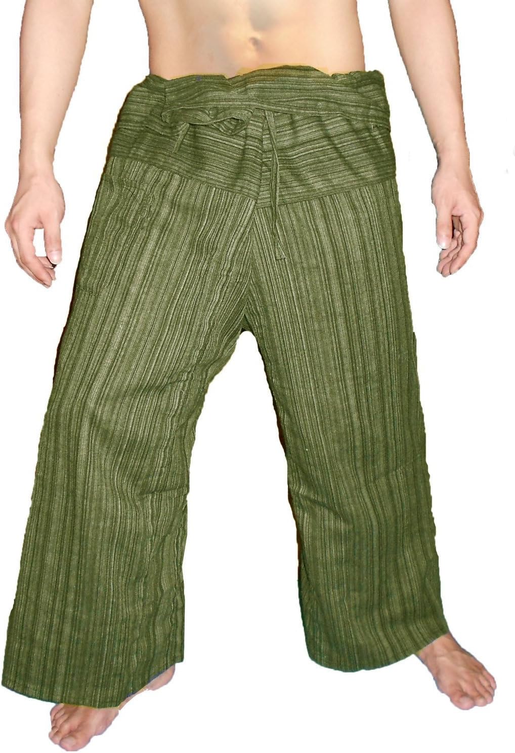 "ClickThai" 100% Heavy Cotton Thai Fisherman Pants Yoga Pregnancy Pants Striped-Dark Green