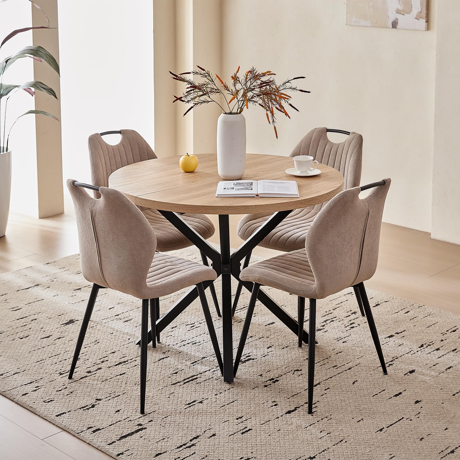 Lecafur HL 39" Round Dining Table Set for 4, Mid Century Kitchen Table with 4 Fabric Upholstered Dining Chairs for Apartment Living Room Space Saving