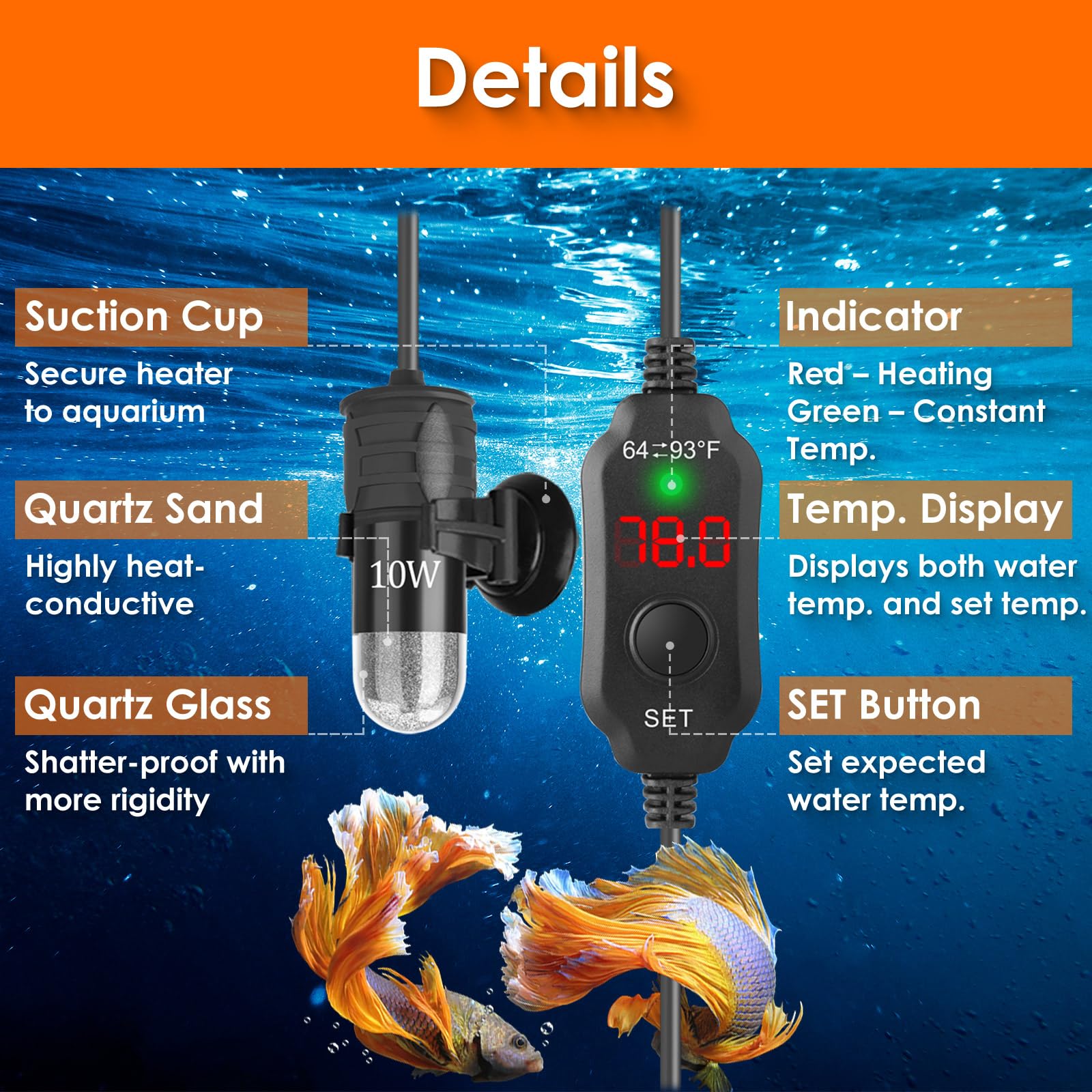 Mini-Aquarium-Heizung, 10 W, super kleiner Aquarium-Heizer mit Digitalanzeige-Thermostat, 5 V/2 A, USB-betriebener Betta-Tankheizer, Schildkrötenheizung, kleine Aquariumheizung für Tanks bis zu