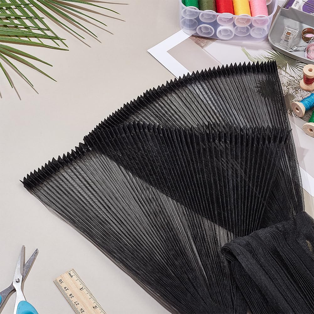 WADORN 1M Bordi In Pizzo Arricciato, Tessuto In Pizzo Plissettato Largo 145cm, Bordo In Organza, Chiffon, Tulle, Bordatura In Organza con Volant, Applicazione per Cucito Fai Da Te, Nero