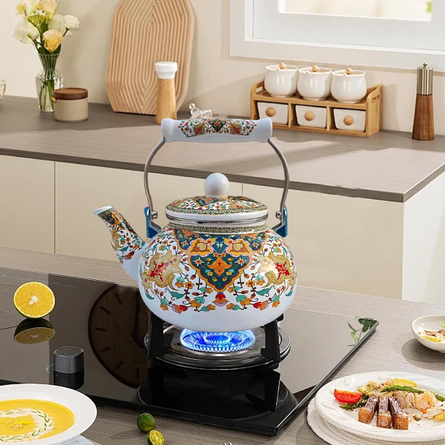 Enamel Tea Kettle 2.5L Heat-resistant Vintage Tea Kettle with Cool Handle No Whistling Easy to Clean Teapot for Stovetop