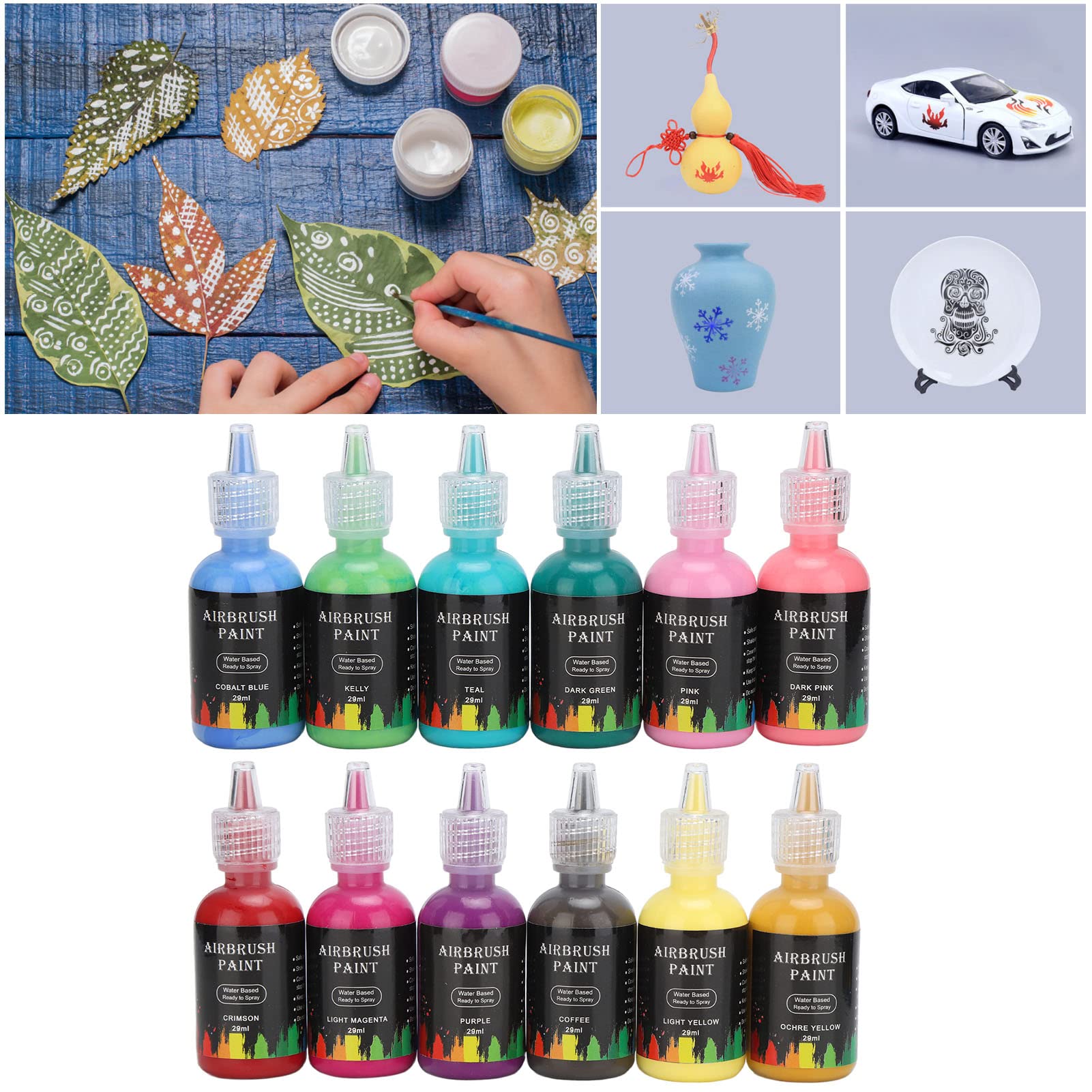 Encre liquide 12 couleurs pour aérographe DIY, ensemble de peintures acryliques solubles dans l’eau, contenant au total 348 ml, avec des teintes mates et éclatantes, idéal pour vos