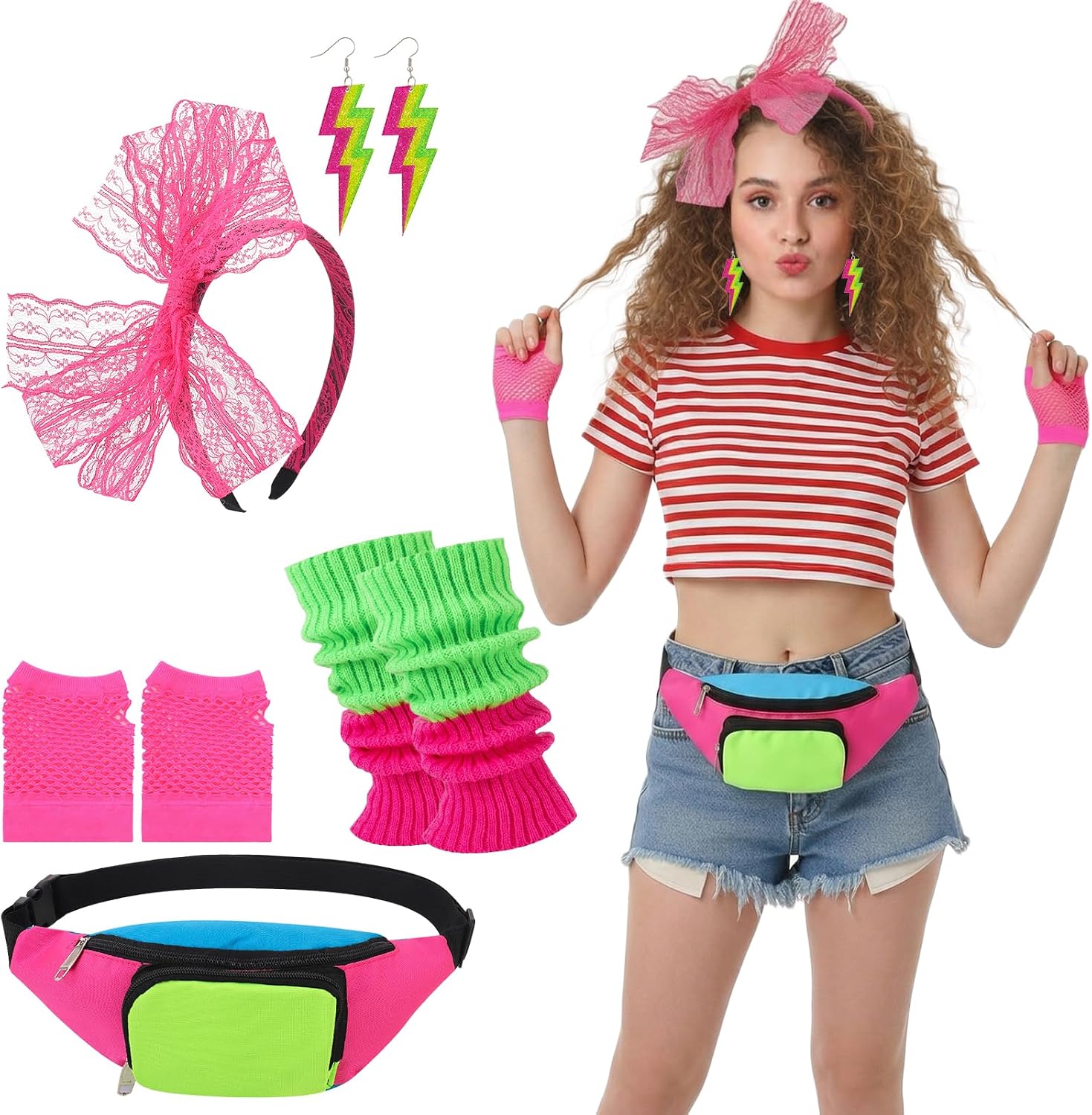 5Pcs 80s Accessories for Women Neon Costume Set with Fanny Pack Hairband Fishnet Gloves Earrings Socks for Halloween
