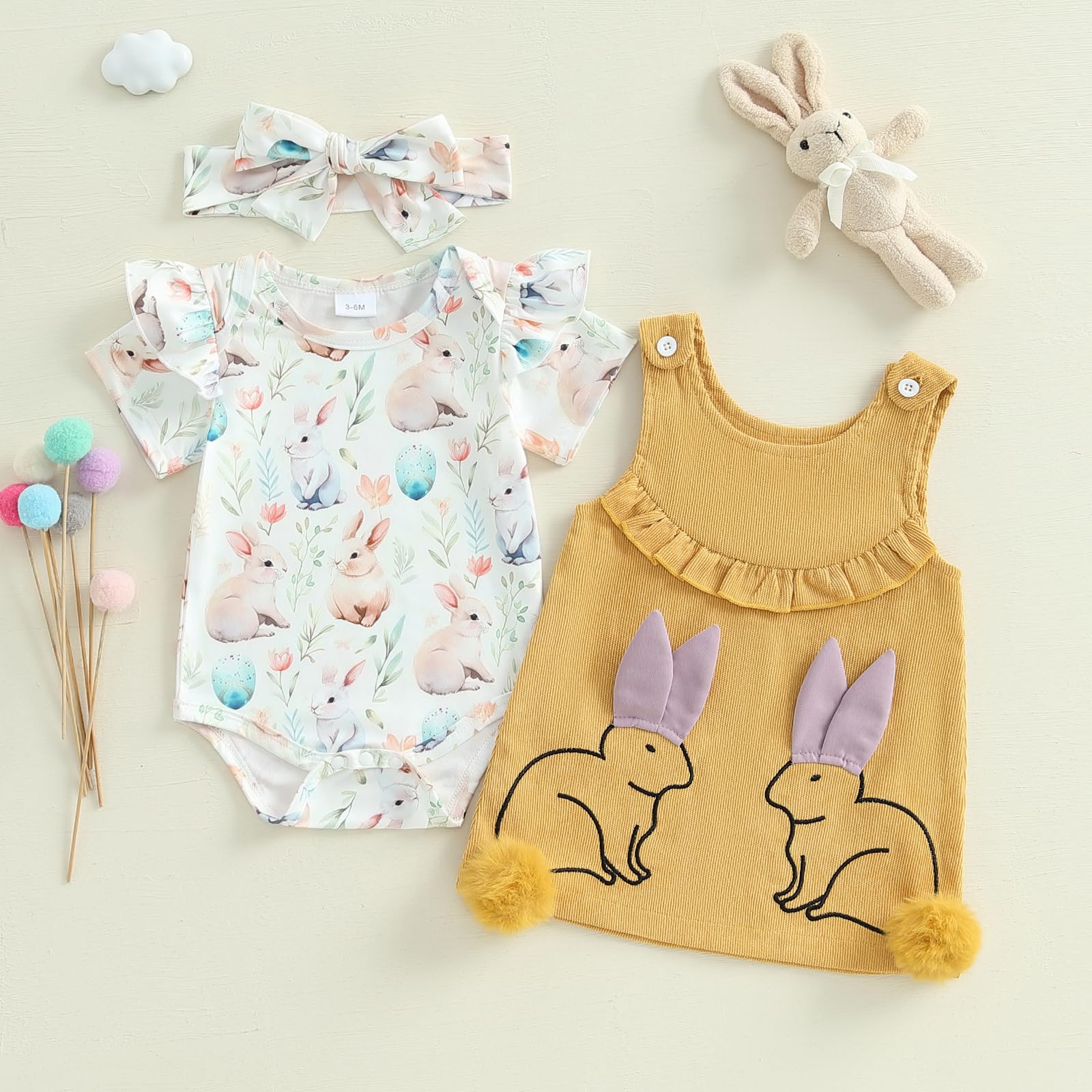 Finegoodwei Baby Girl Easter Outfit Bunny Egg Ruffle Short Sleeve Romper Overall Dress Tie-up Headband 3 Piece Spring Set (Yellow, 0-3 Months)