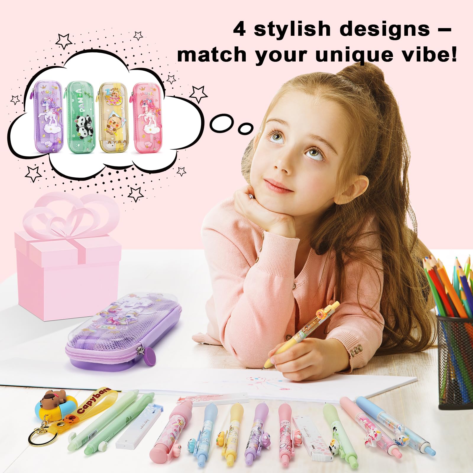 SKAMORI 20+ Piezas t Set Papelería Unicornio Niñas con Estuche Escolar, 4 Resaltadores Pastel| 4 Boligrafos Gel | 4 Portaminas 0.5, Unicornio Regalo para Niñas 4 5 6 7 8 9 Años, Violeta