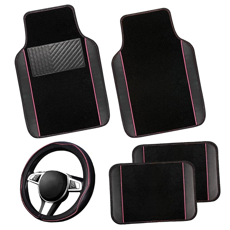 Kit de tapetes automotivos e capa de volante em microfibra preta com linha rosa NBTEPEM, 5 peças