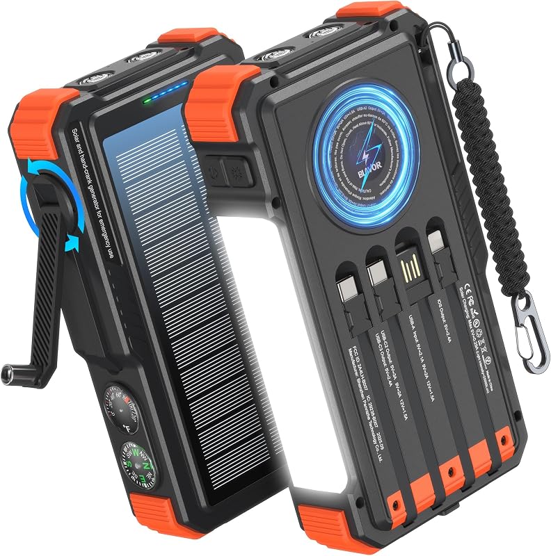 Solar Power Bank with Hand Crank and 4 Cables, 20000mAh Wireless Portable Charger with USB C & Camping Light, 20W Fast Charging Battery Pack for iPhone, iPad, Samsung, All Mobile Phones