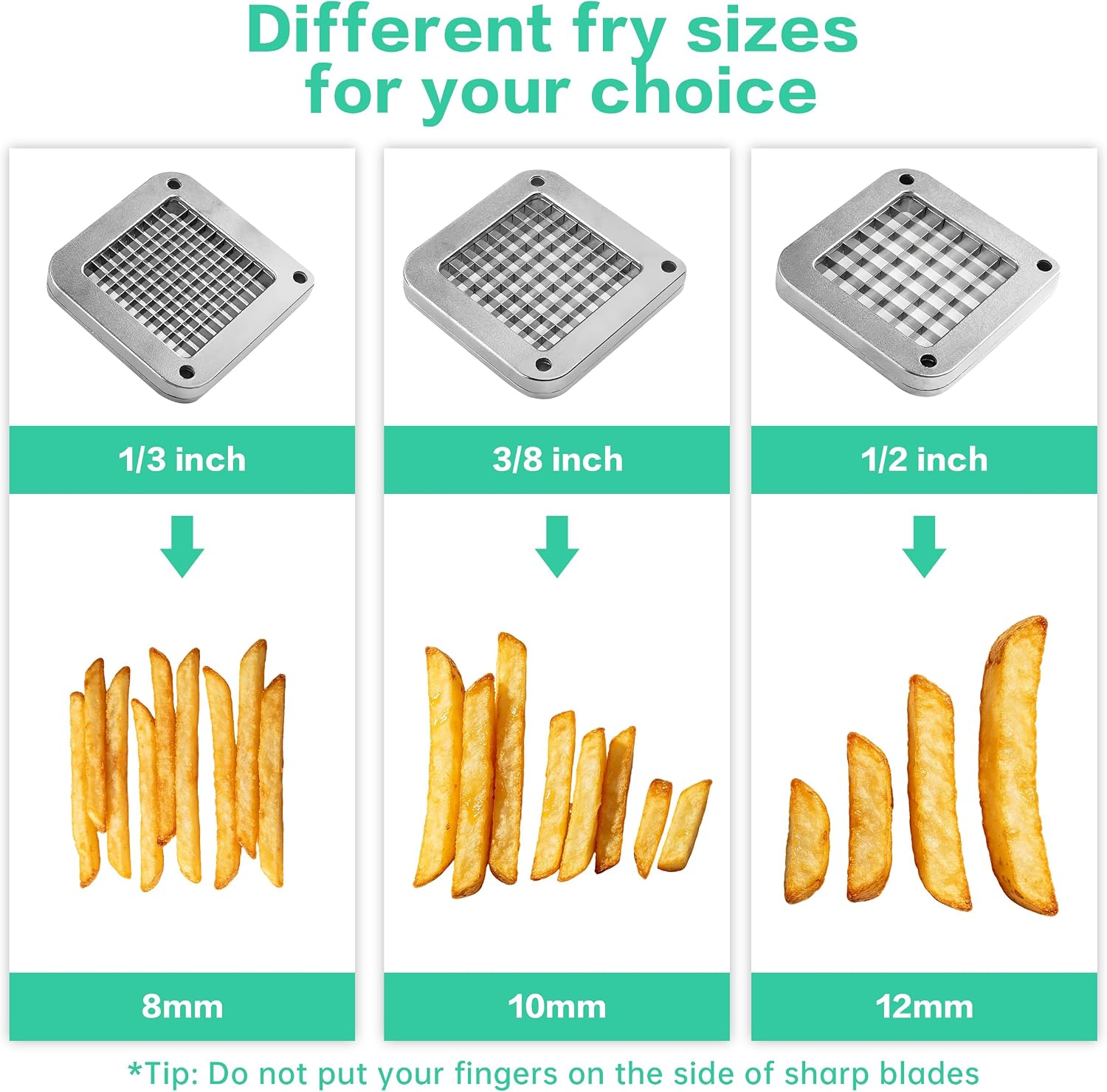 French Fry Cutter with 3 Stainless Steel Blades 1/4" 3/8" 1/2", Heavy Duty Potato Slicer with Suction Feet, Aluminum Alloy Push Head, Cast Iron Handle, Multifunctional Vegetable Fruit Cutter