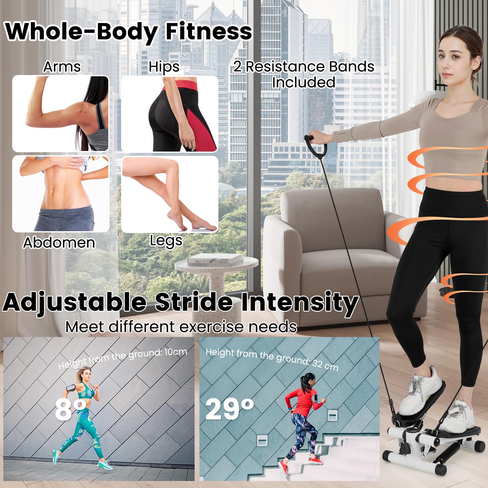 KOMFOTTEU Mini Step Fitness Casa, Stepper Idraulico con Fasce di Resistenza, Altezza Regolabile, Schermo LCD, Pedali Antiscivolo, Attrezzatura Cardio per Allenamento Corpo, Esercizio