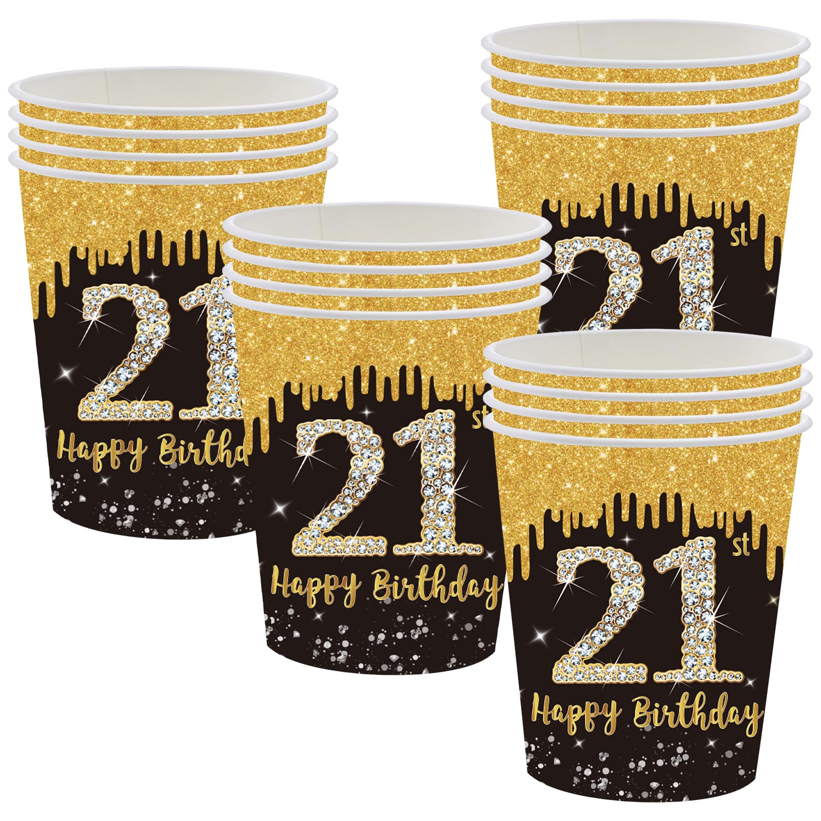 POPOYU 16Pcs 21st Birthday Black Gold Paper Cups,21st Black Gold Men Birthday Party Paper Cups,Happy 21st Birthday Tableware Decorations for Him,Her,Men,Women 21st Birthday Gifts Party Supplies