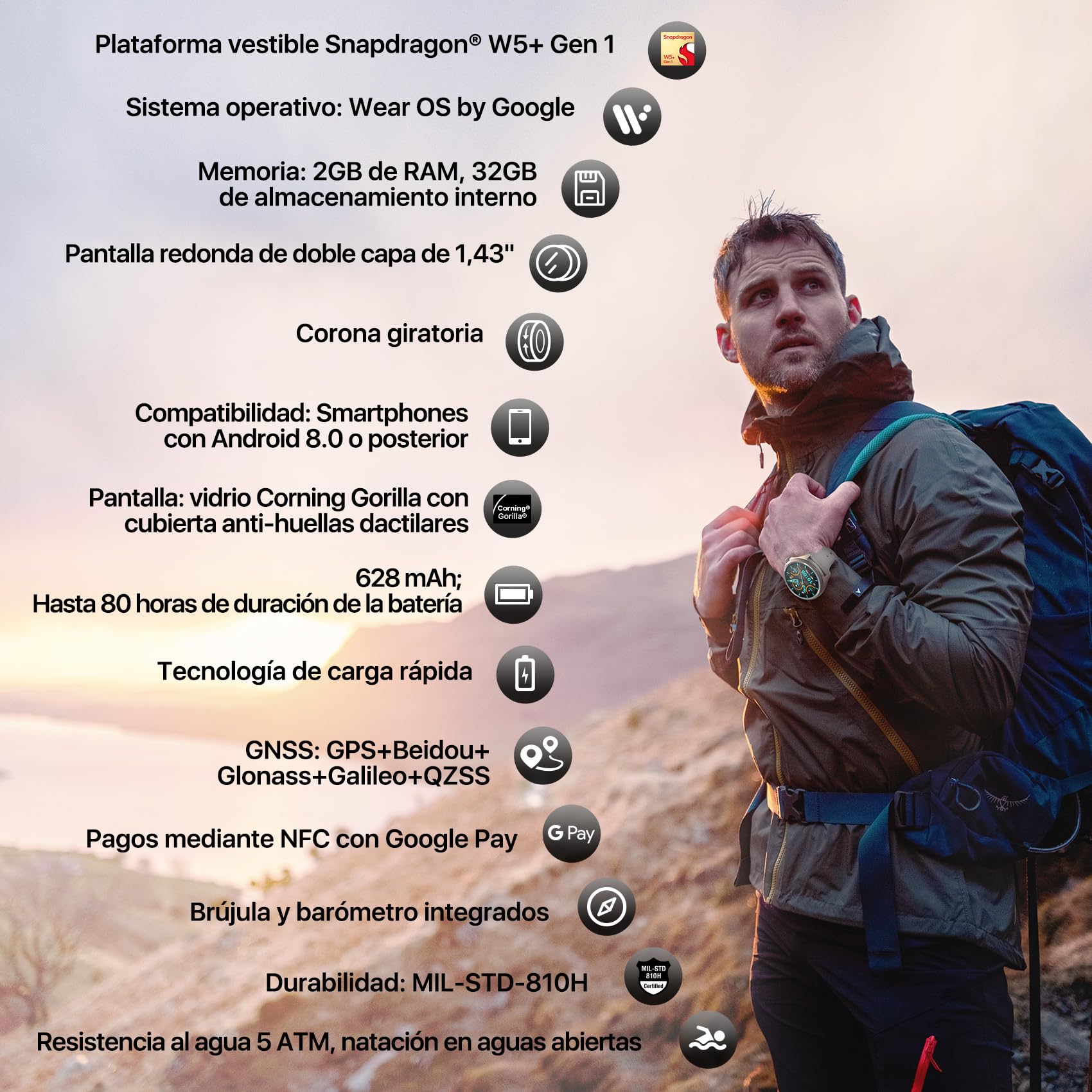 Ticwatch Pro 5 Sandstone Android Smartwatch, Snapdragon W5+ Gen 1 Wear OS Smartwatch, 80 Horas de duración de la batería, GPS Incorporado, brújula 5ATM, NFC No es Compatible con iPhone