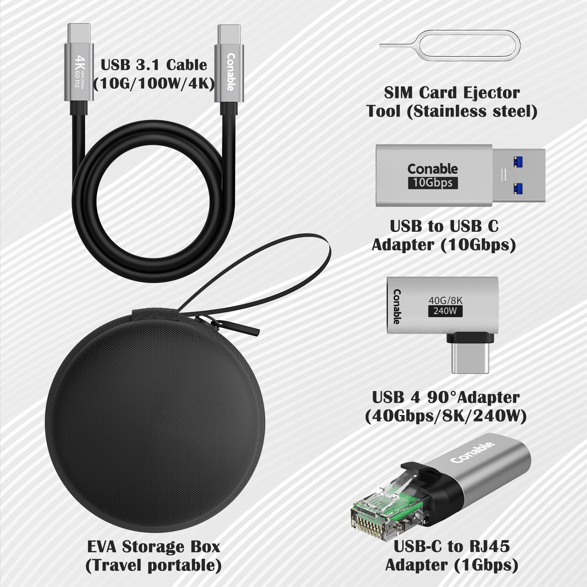 Adaptateur de voyage USB 6 en 1, pour Internet/données/chargement/vidéo, comprend : adaptateur USB-C vers RJ45, câble Type-C 3.1, connecteur USB vers USB-C, convertisseur USB4 à angle droit, outil