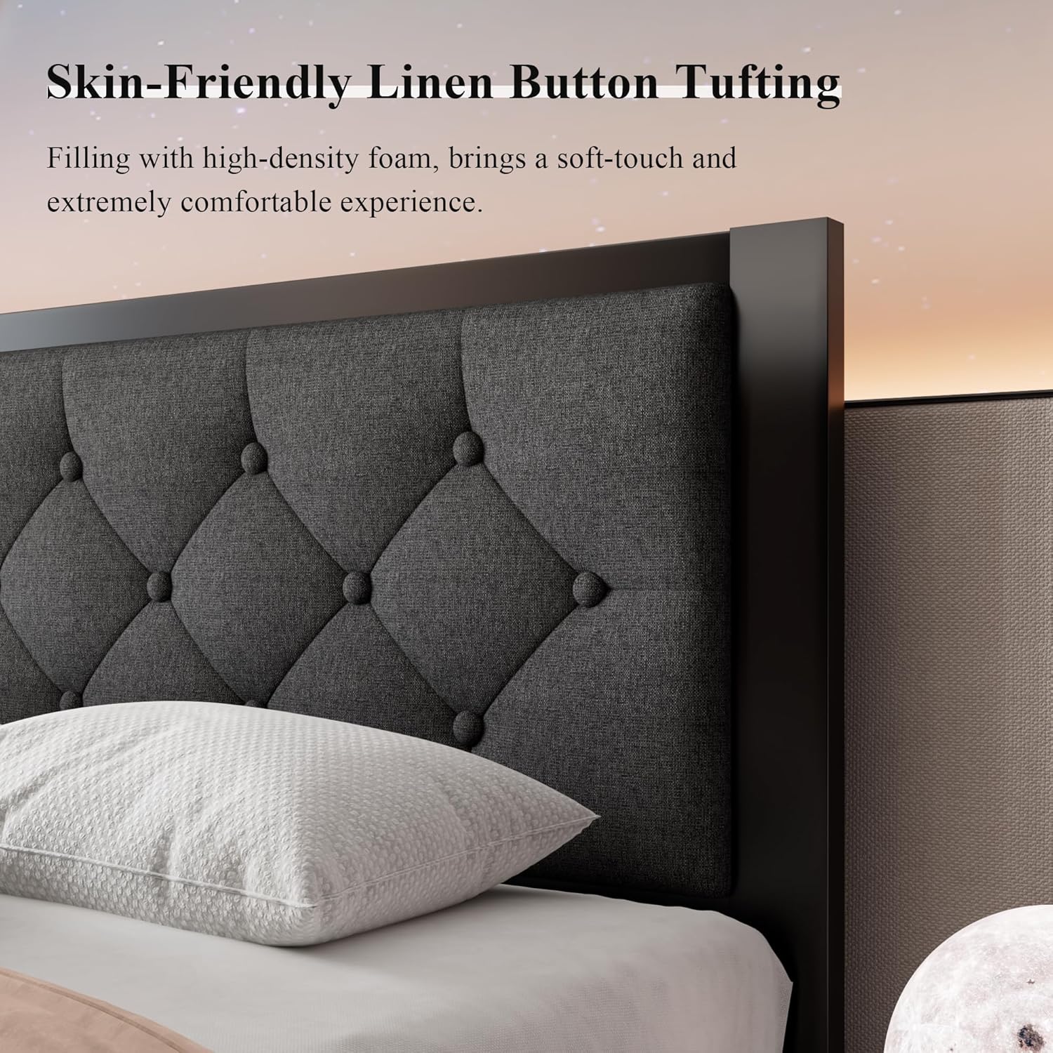 Feonase Full Size Metal Bed Frame with Faux Leather Button Tufted Headboard & Twin Size Metal Bed Frame with Linen Upholstered Headboard, Heavy-Duty Platform Bed Frame with 12" Storage