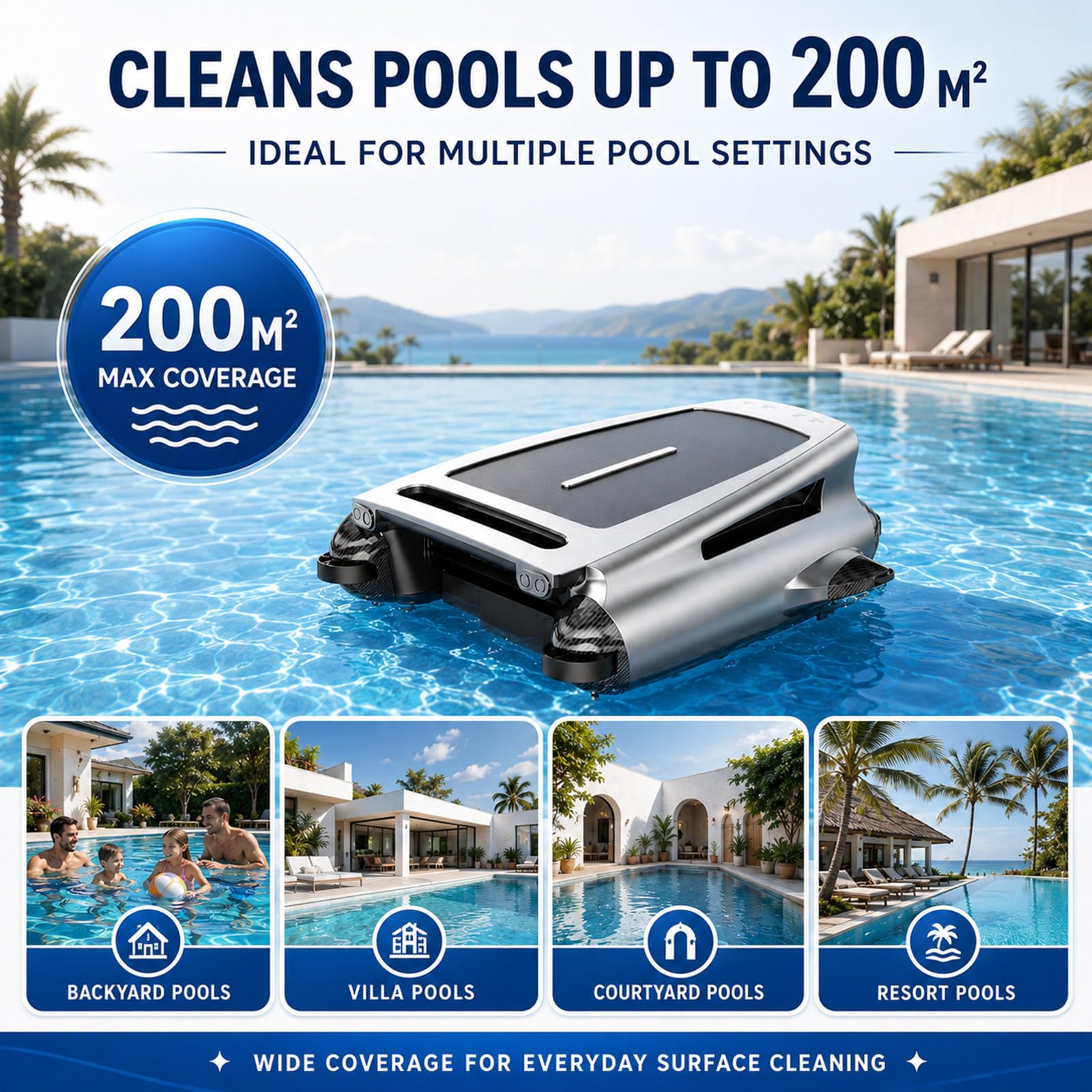 Doble Carga Robot Skimmer Piscina Solar, Limpiador de Superficie con App, Mando a Distancia, Evitación de Obstáculos, Filtro 450 μm para Hojas y Polen Blue