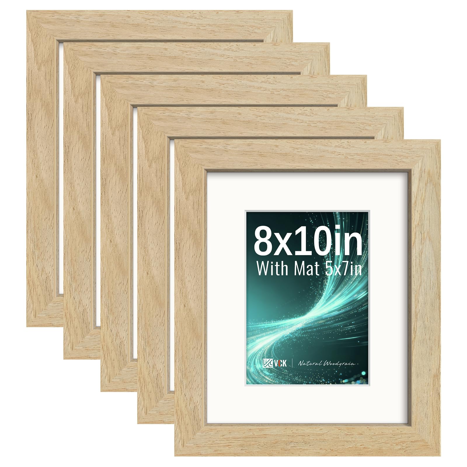 VCK 8x10 Picture Frame 5 Pack, Natural Exclusive Wood, HD Glass, for Photo