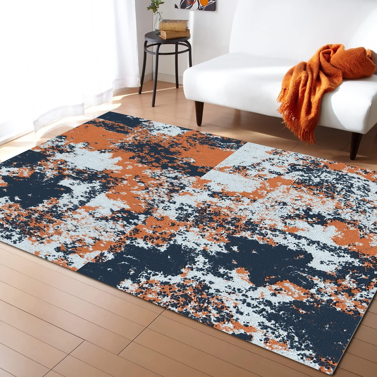 Tapis de couloir bleu marine orange abstrait style shabby salon 120x180