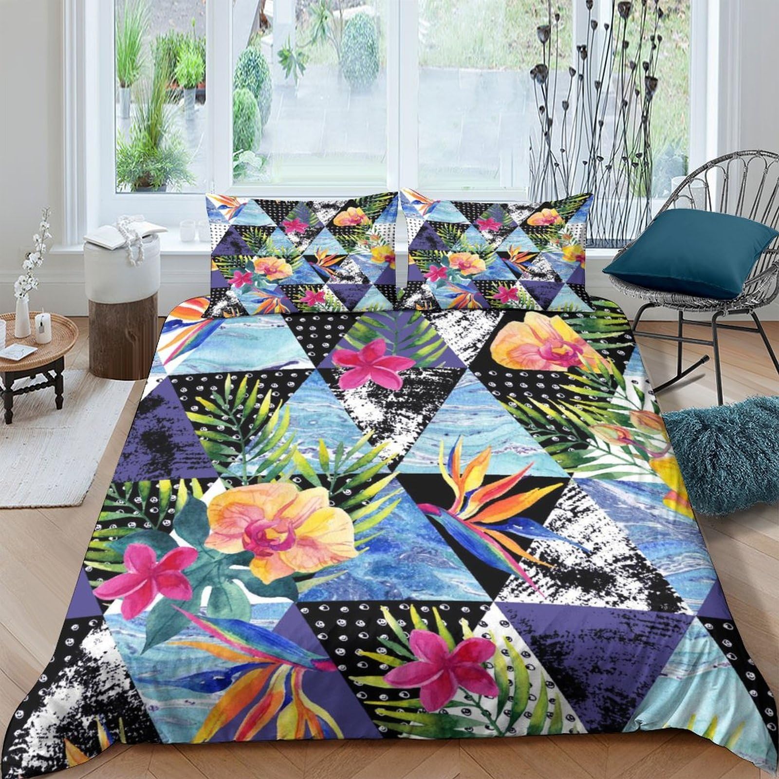 TUFRTGYHN 3D Printed Tropical Floral Duvet Cover Microfiber Soft Breathable Geometric Bedding Set with 2 Pillowcases for Bedroom Home Decoration Single（135x200cm）