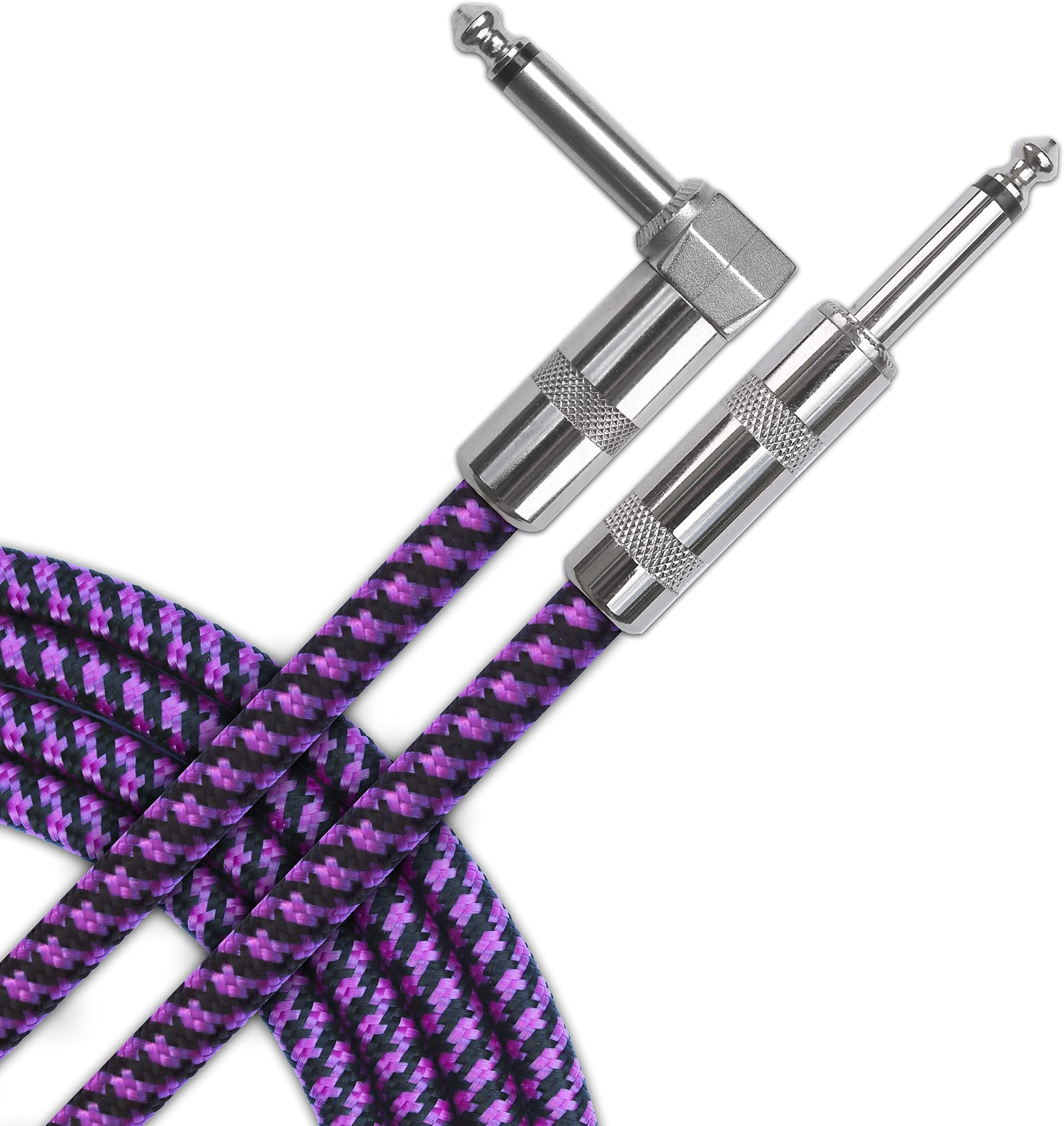 Purple Braided Hand Tested To Ensure Noiseless Electric Guitar Cable 3m (10ft), Straight to Angled 1/4" (6.3mm) L Jack, Professional Instrument Lead for Guitar, Bass, Keyboard
