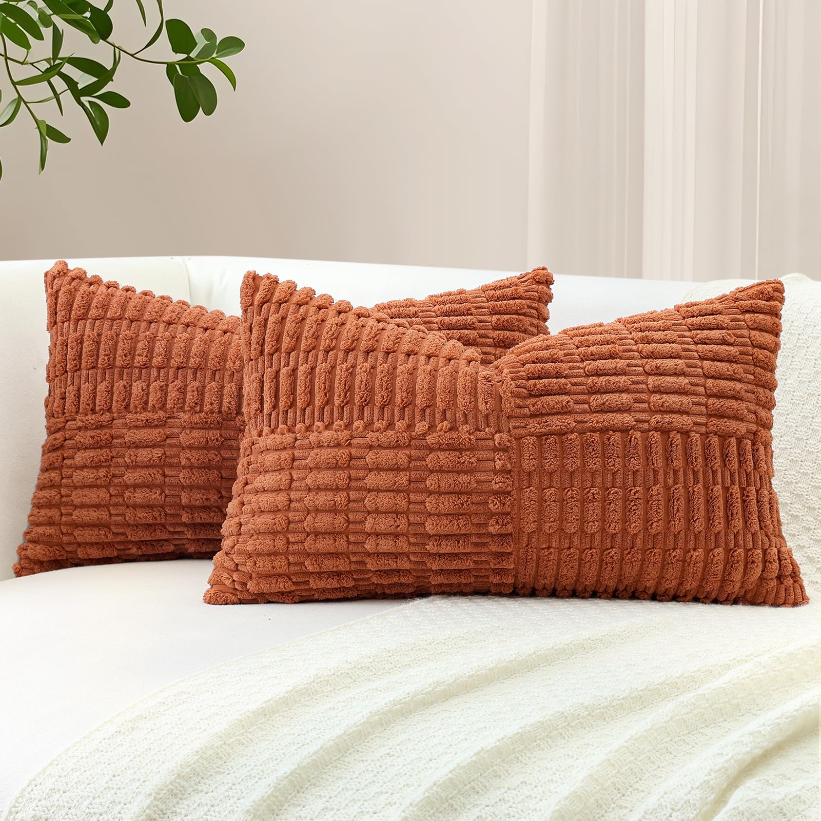 Sungeek Set of 2 Decorative Cushion Covers 30 x 50cm Soft Corduroy Striped Cross Patchwork Textured Pillow Cases Boho Farmhouse Lumbar Throw Pillow Covers for Sofa Bed Patio 12x20 Inch, Rust — image 1
