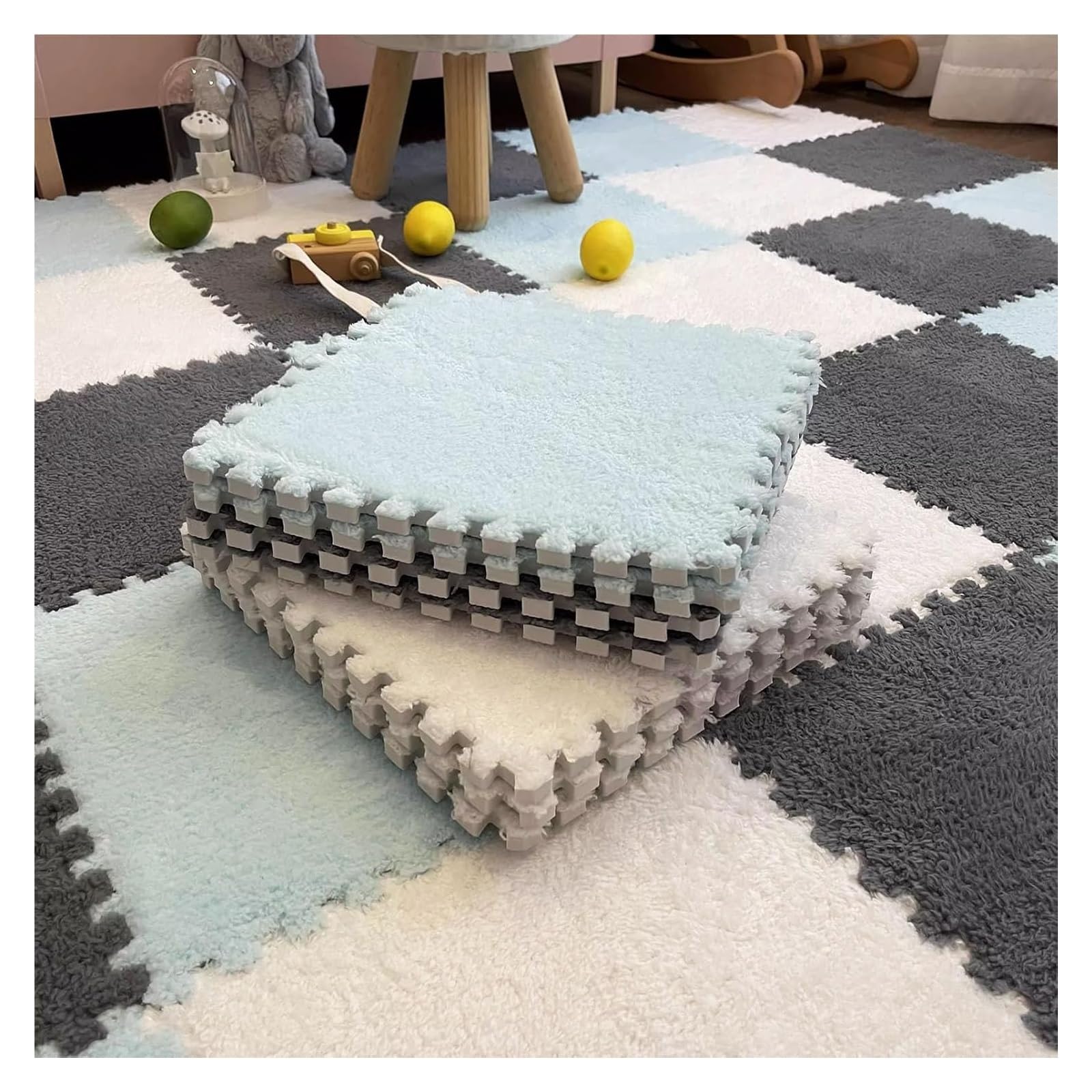 10 Stück Puzzle-Bodenspielmatten wie Teppiche, Schaumstoff-Puzzle-Bodenmatte, ineinander greifende Plüsch-Teppichfliesen mit Rand, 12 x Zoll