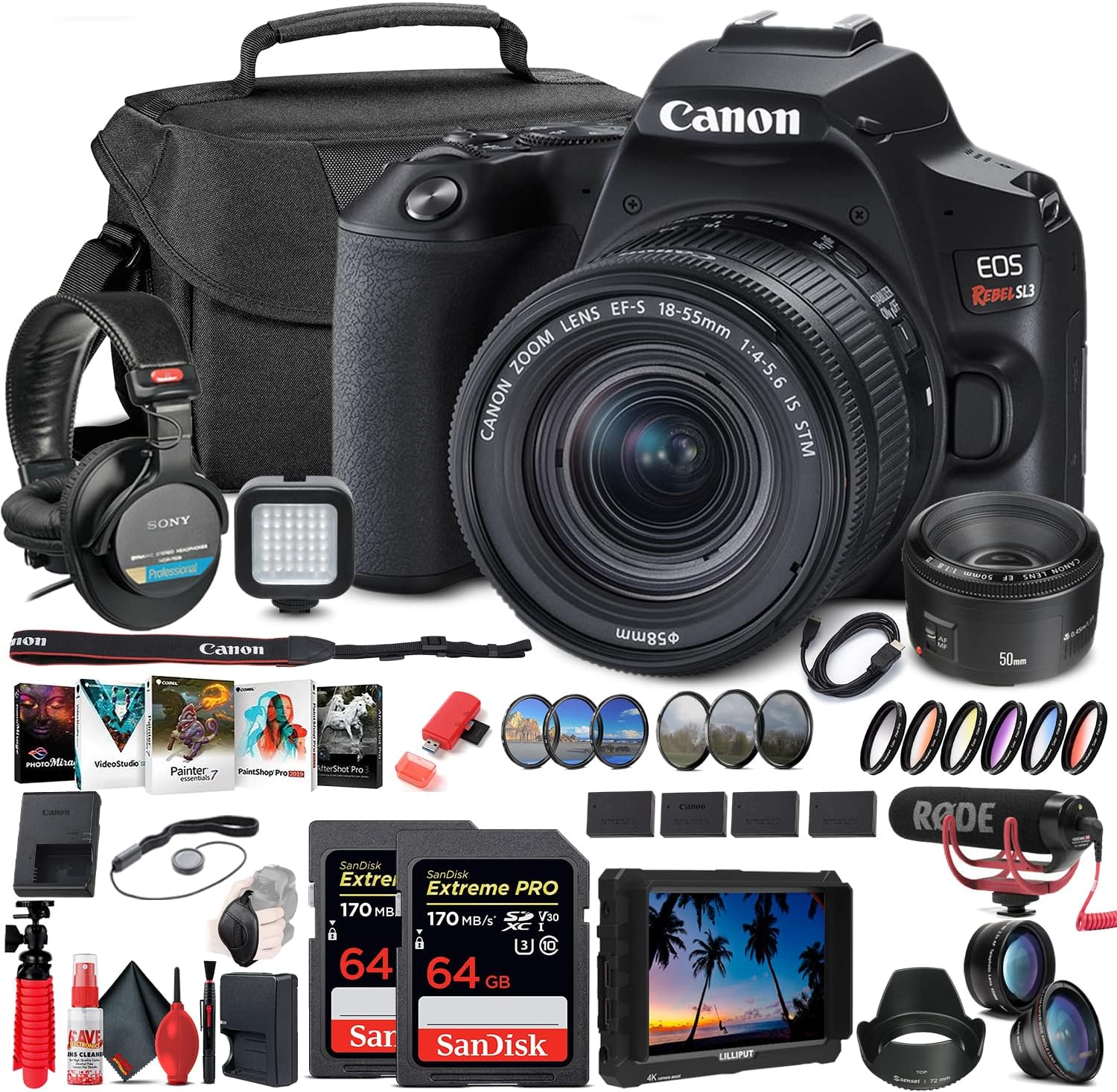 Canon EOS Rebel SL3 DSLR Camera with 18-55mm Lens (Black) (3453C002) + 4K Monitor + Canon EF 50mm Lens + Mic + Pro Headphones + 2 x 64GB Card + Color Filter Kit + Case + Filter Kit + More