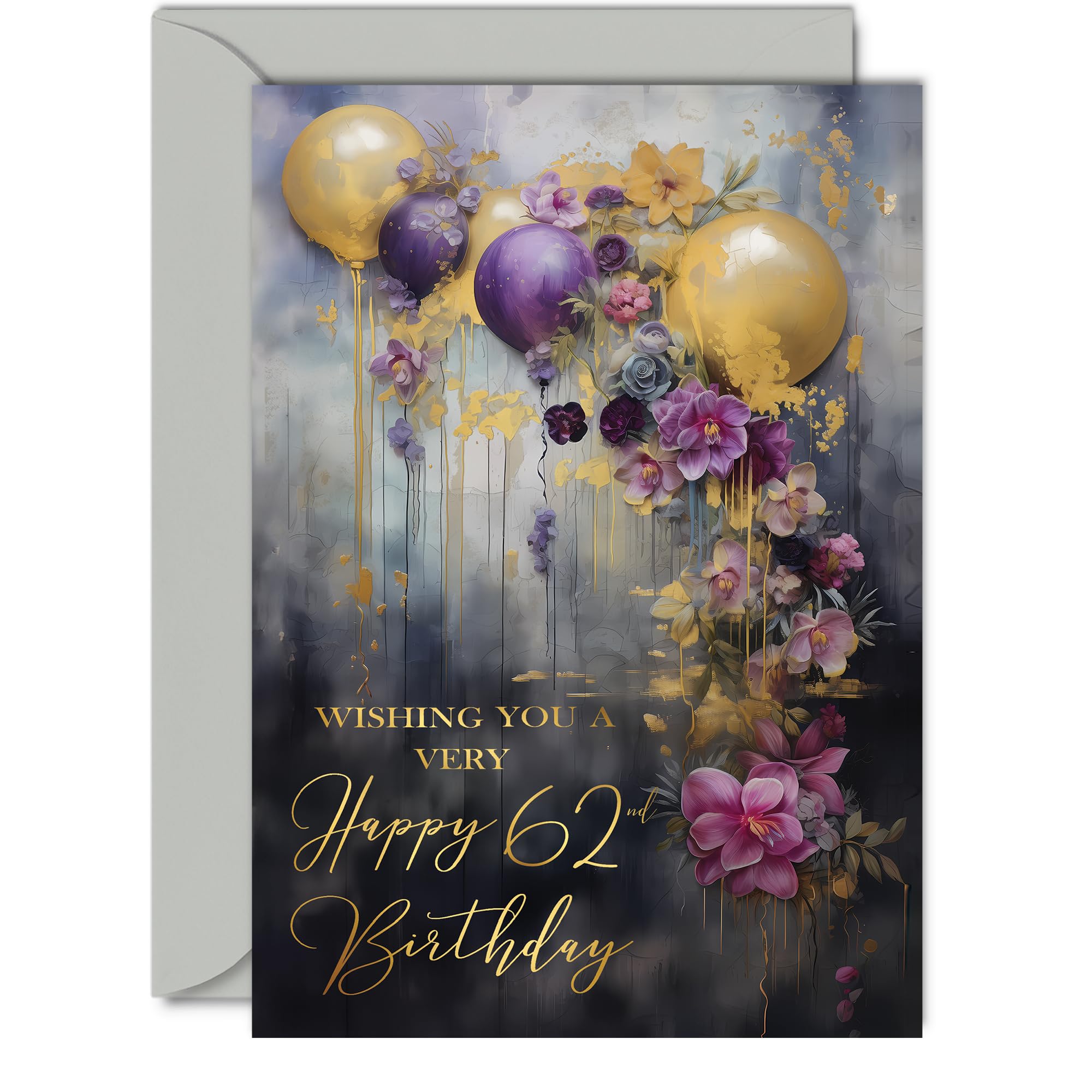 Beautiful Gold 62nd Birthday Cards for Women and Men, Golden Party Balloons
