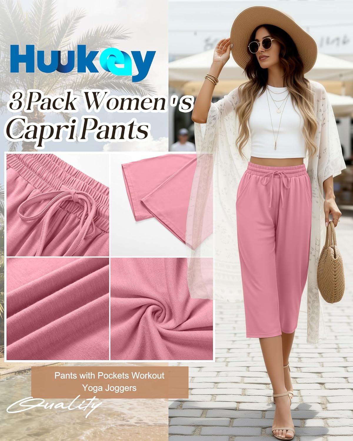 Huukeay 3 Pack Women's Capri Pants, Drawstring Lounge Capris Wide Leg Cropped Pants with Pockets Workout Yoga Joggers - Image 6