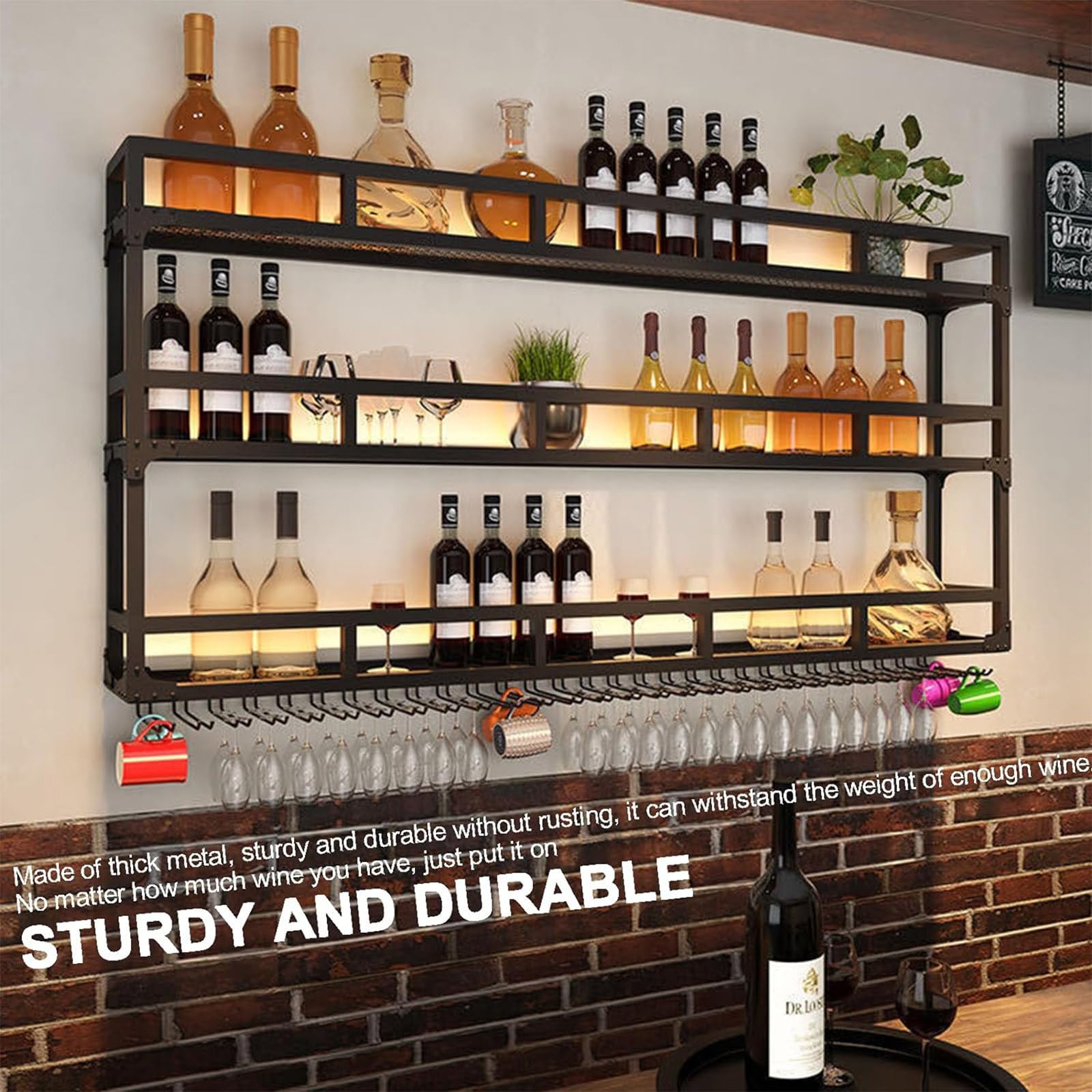 Pływająca metalowa półka na wino z oświetleniem na butelki z alkoholem i kieliszki do wina, wielofunkcyjna, ścienna, do domu, restauracji, barów, złota (120 x 25 x 55 cm)