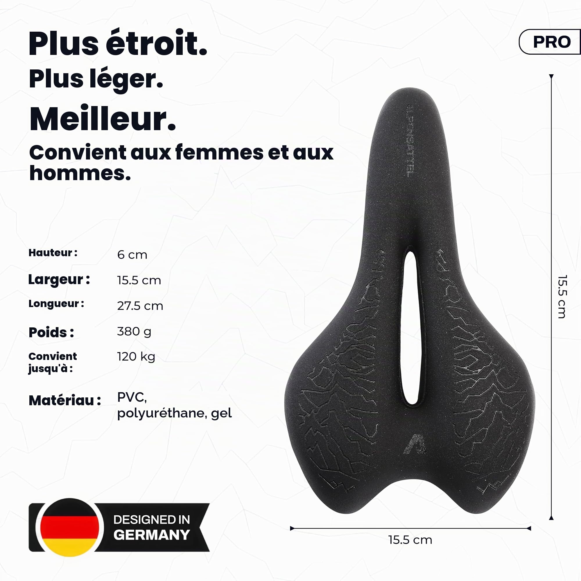 ALPENSATTEL® Selle de vélo ergonomique [mousse à mémoire de forme 3D] – Selle pour homme et femme – Matériau respirant pour une répartition idéale de la pression – Maintien de selle universel pour