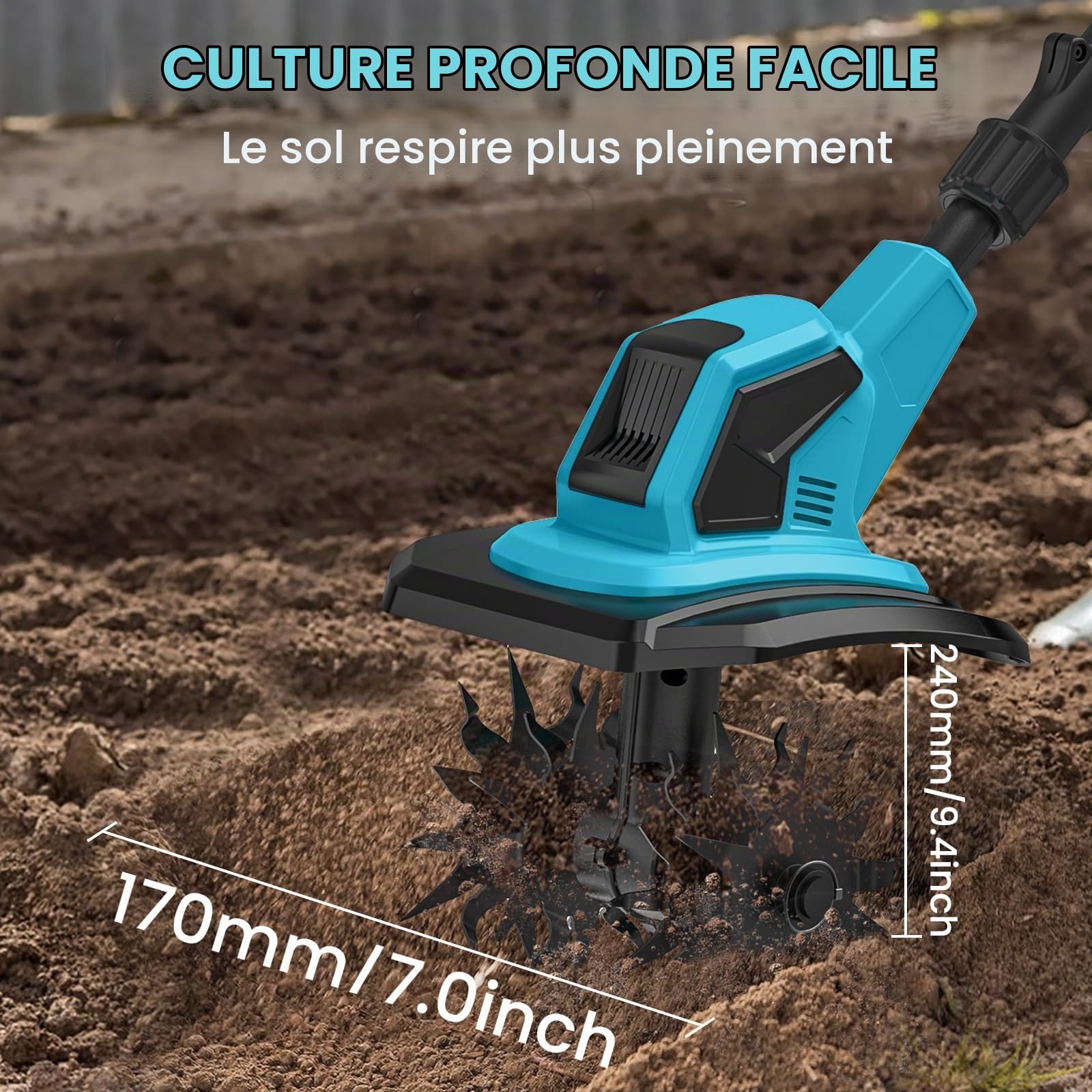 Motobineuse Electrique 21V, Motoculteur sans Fil 600 W avec 2 x 4,0 Ah Batteries, Largeur de Travail 17 cm, Profondeur de Travail 24 cm, 360 TR/Min, Motobineuse Électrique pour Le Jardin et la Cour