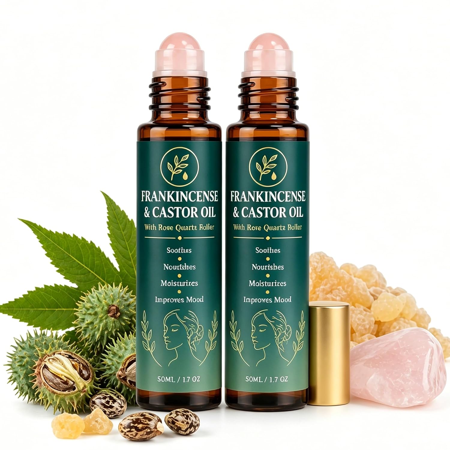 Frankincense and Castor Oil Roller, Castor Oil Rose Quartz Roller Ball – Cold-Pressed Facial Oil for Hydration, Smoothness & Glow – Multi-Use for Face, Brows & Lashes, 50 mL (2)