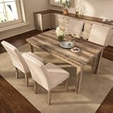 Morden Fort Farmhouse Dining Set for 4, 60" Rectangular Wooden Table & 4 Upholstered Chairs with Nailhead Accents, 5-Piece Kitchen Table Set for Dining Room, Breakfast Nook, Antique Rustic